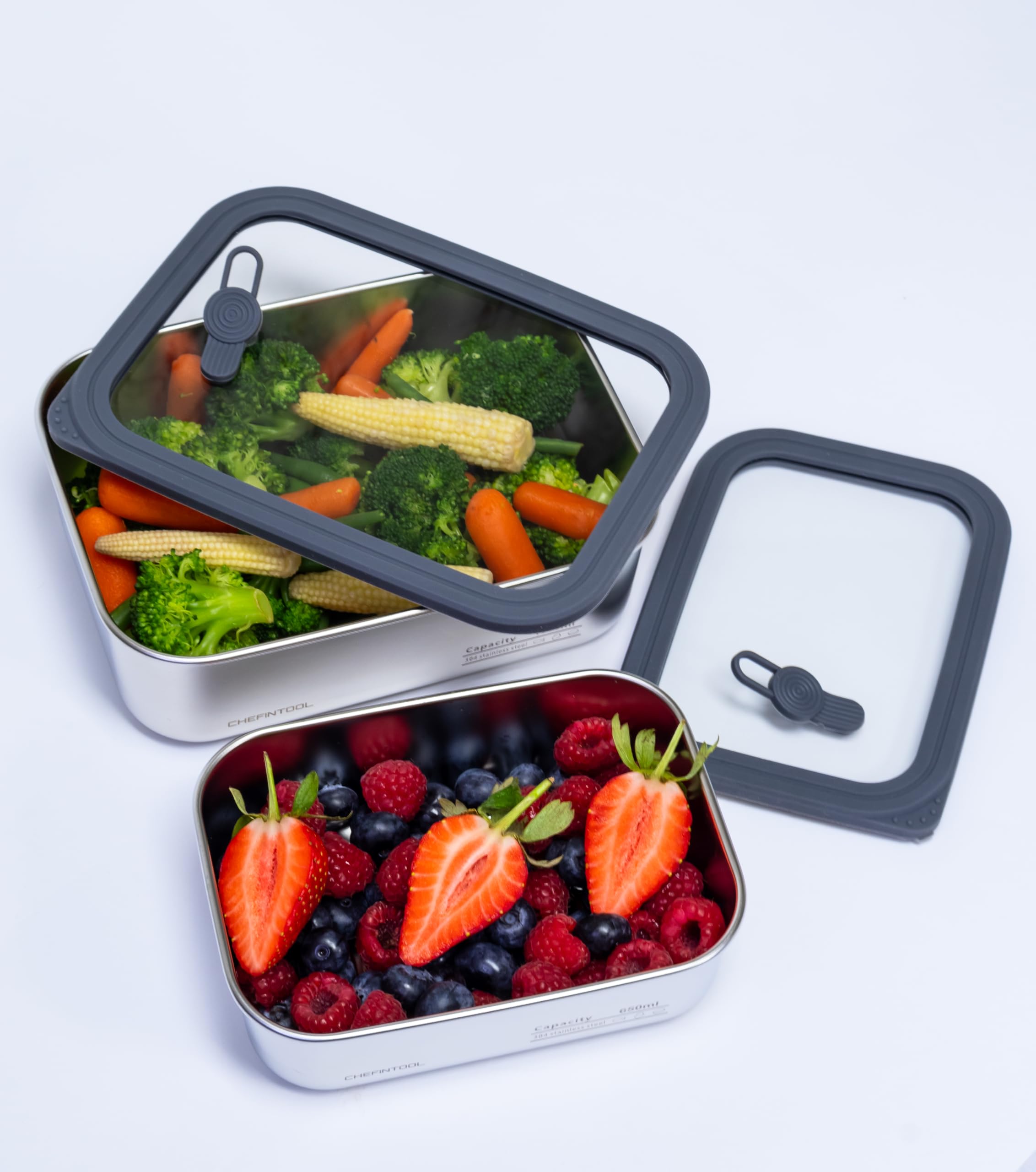 Set di contenitori per il pranzo in acciaio inox con coperchi in vetro, 3 contenitori impilabili per alimenti Bento (650 ml/1300 ml/2300 ml), ermetici, a prova di perdite, senza BPA, adatti
