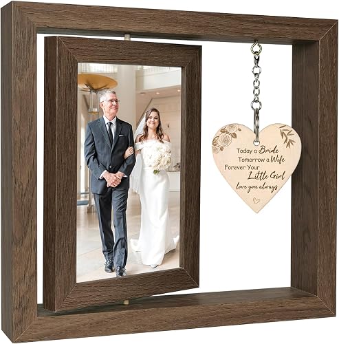 Rotating wood photo frame with a father and bride photo and a small engraved wooden heart