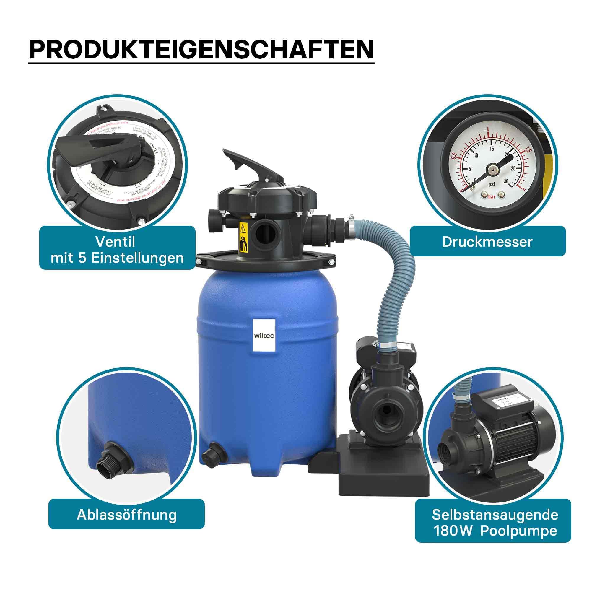 Wiltec System filtra piaskowego 180 W ze zbiornikiem filtra 14 l i pompą samozasysającą 9000 l/h, pompa piaskowa do basenu, filtr do basenu