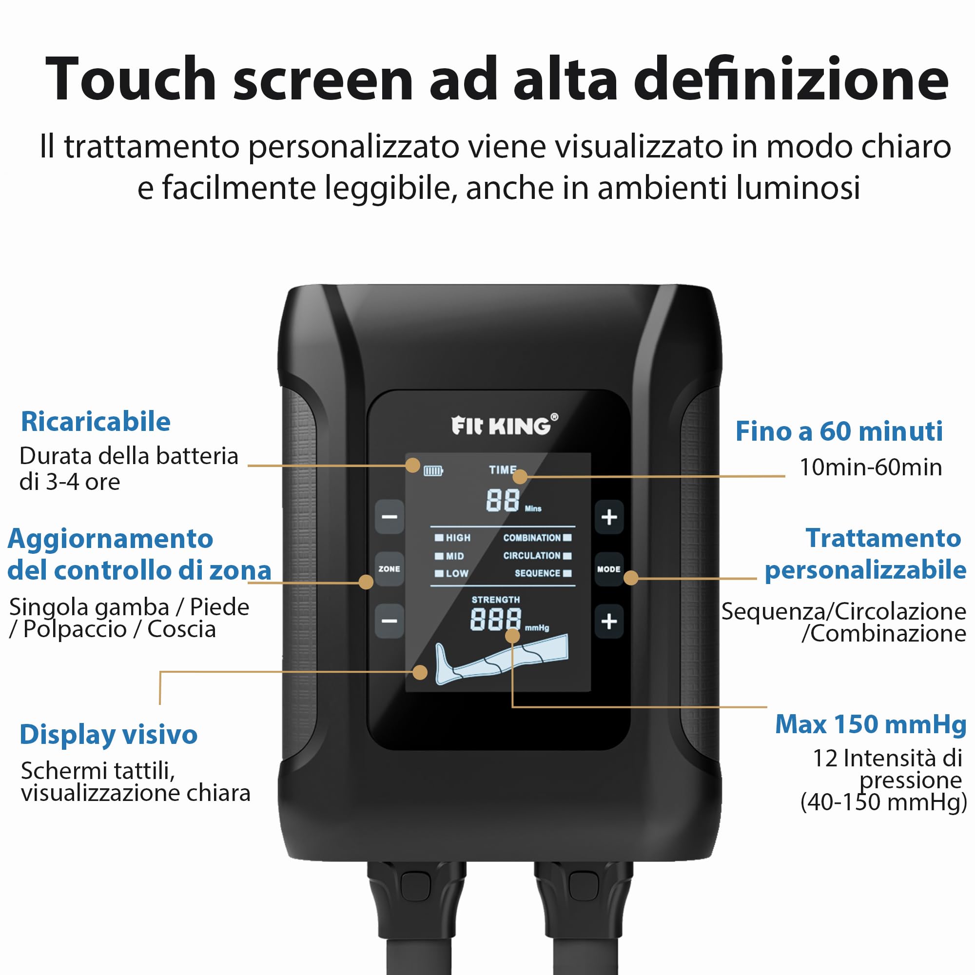 FIT KING Massaggiatore Gambe a Compressione d‘Aria Ricaricabile Senza Fili, Massaggio con 4 Zone Regolabili, 3 Modalità e 11 Intensità, Ideale per Recupero Sportivo e Relax Quotidiano (Medio)
