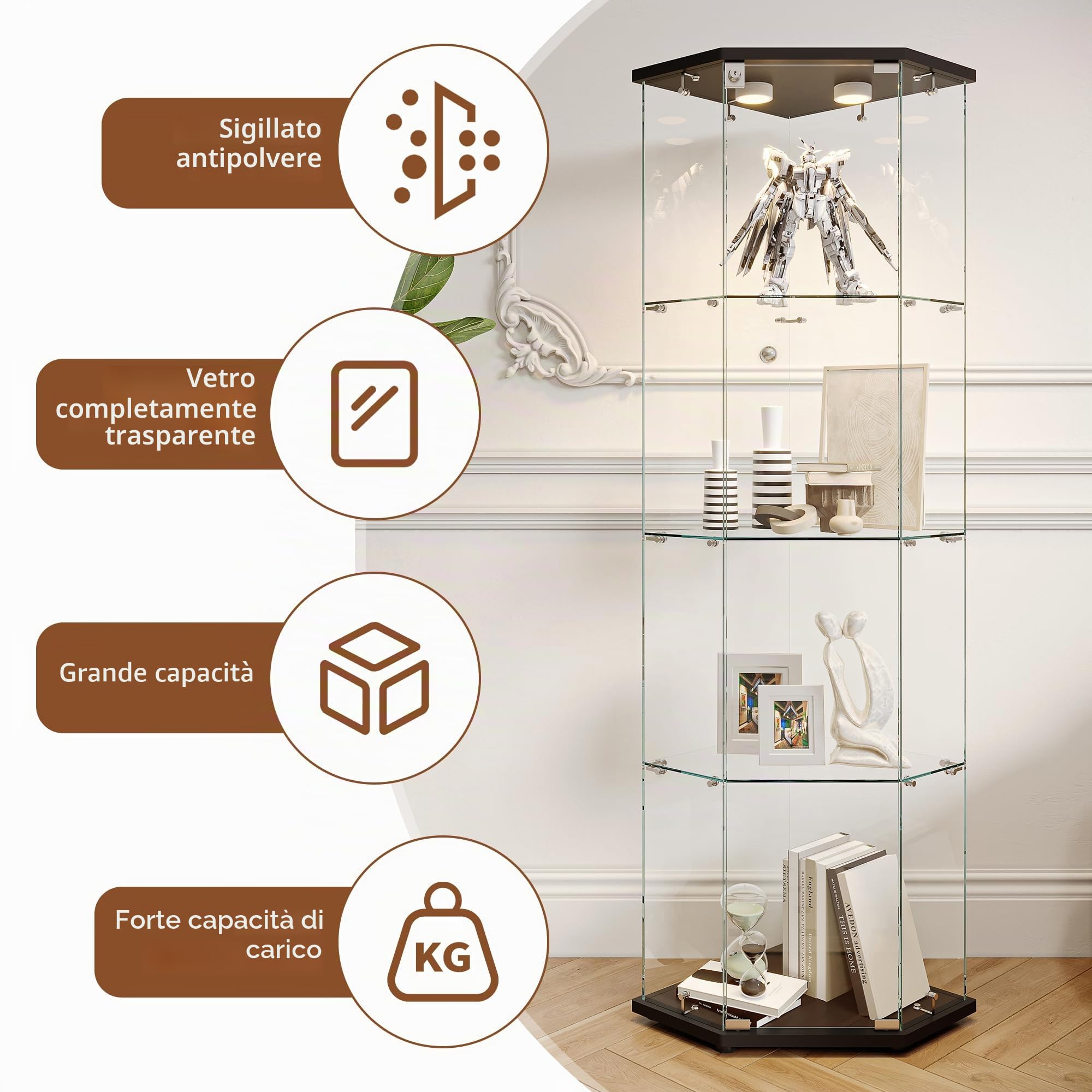 Vetrina Angolare in Vetro con illuminazione a LED, Espositiva Vetrina a 4 Strati da Collezione con Serratura, per Oggetti da Collezione, Libri, 4 Ripiani 1 Ante, Nero A