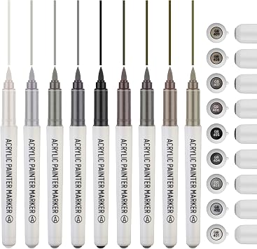 Grey Acrylic Paint Pens,Colored Paint Pen Markers,Brush Tip Paint Pens for Rock Painting Wood Glass Ceramic Canvas Stone DIY Crafts Making Art Supplies