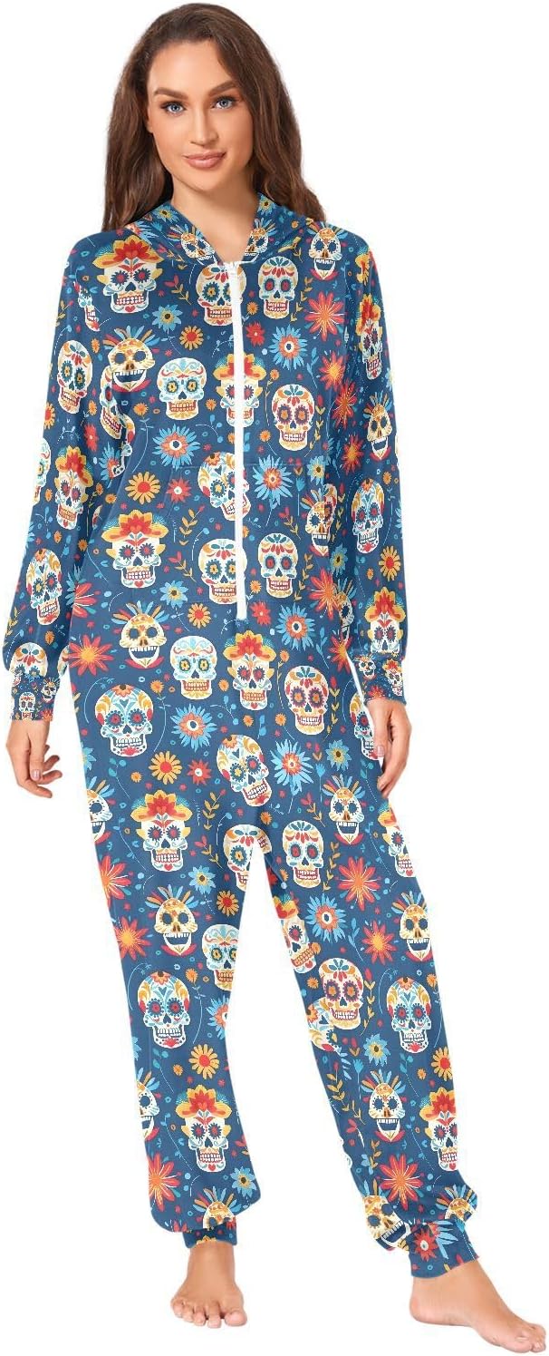 ALAZA Mexican Day Of The Dead Sugar Skull Blossom Adult Onesie Unisex Pajamas One-Piece Costume Hooded Jumpsuit Sleepwear for Men Women XS Multicolor