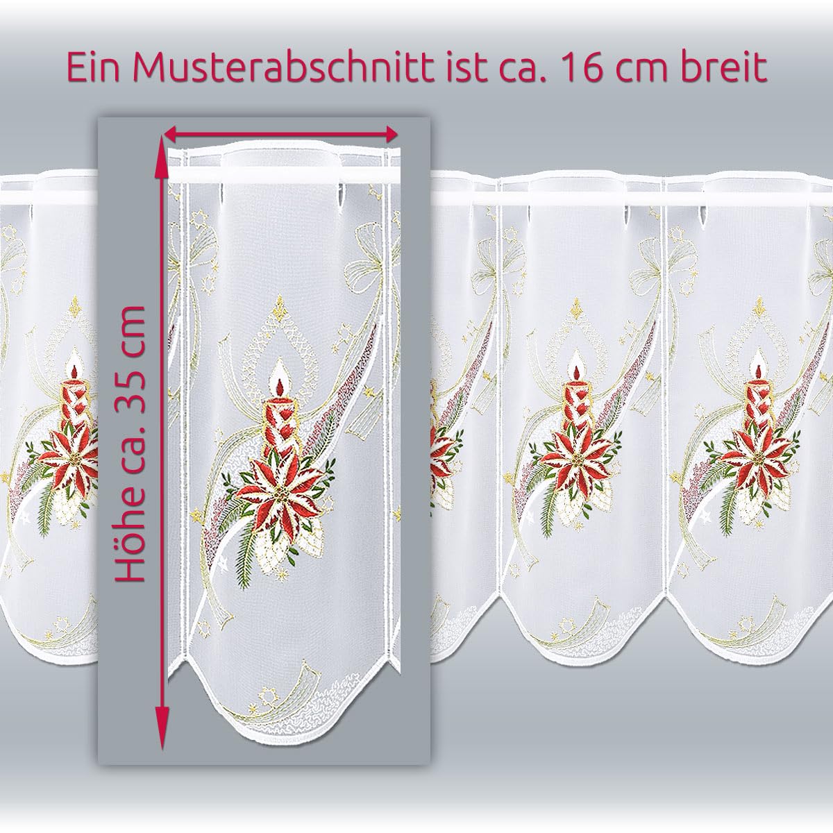 Scheibengardine Goldener Kerzenschein Vogtländische Spitze | Bestickte Winter-Kurzgardine mit Adventskerze | Klassische Bistrogardine mit rotem Weihnachtsstern | Scheibenhänger H x B 35 x 208 cm