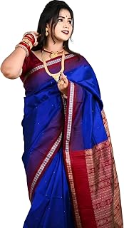 Sambhalpuri Long Temple Border Patta Silk Saree Dark Royal Blue Color with attached Maroon color Blouse Piece Odisha Saree