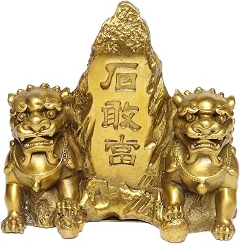 Handmade Brass Lion Statue Seated Beside Shigandang Mountain Figurine Home Ornaments for Protecting M BS064