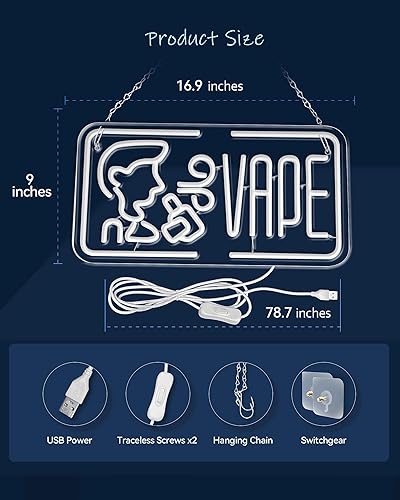 Miniatura 5 de Señal de neón LED Vape, 16.9 x 5.9 pulgadas, brillante LED Vape Sign por USB con interruptor de encendidoapagado, con cadena colgante, para pub,