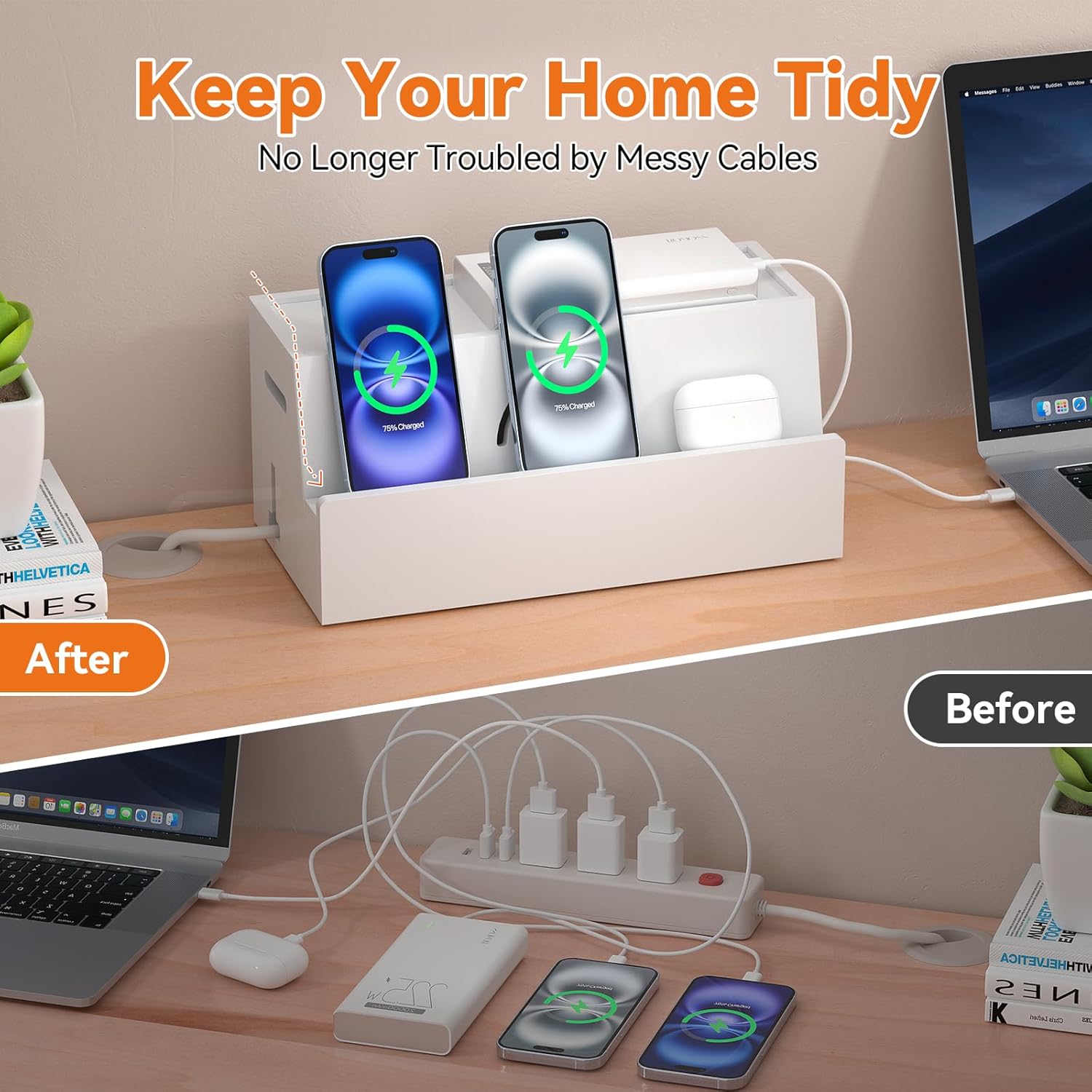 Bamboo Cable Management Box, White, 31X14X15.5CM, Cable Organizer Box for Desk with Conceal Power Cords and Power Strips, Suitable for Living Rooms, bedrooms, Offices and More