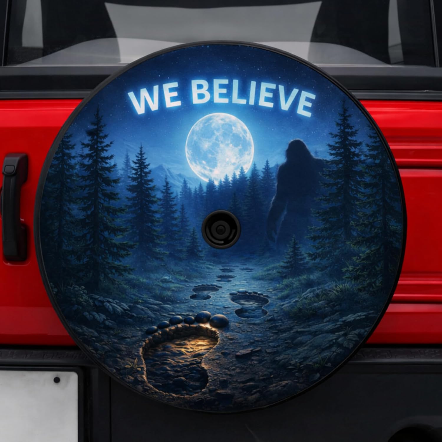 ThangPham Shop Bigfoot We Believe Spare Tire Cover with/Without Backup Camera Hole, Sasquatch Night Forest Full Moon Tire Cover