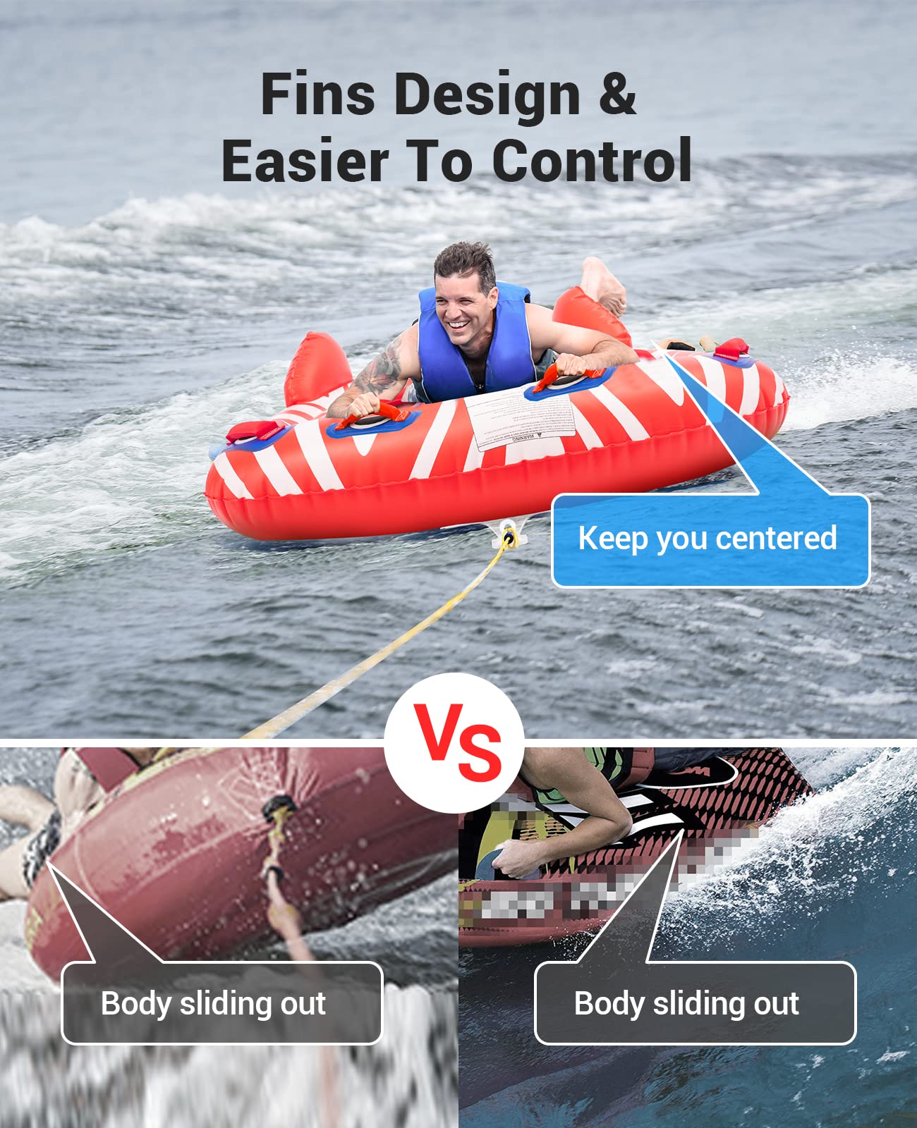 Towable Tubes for Boating 1-2 Person, Water Tubes for Boats to Pull, Boat Tubes and Towables with Fins, Quick Rope Connect for Women Men Kids