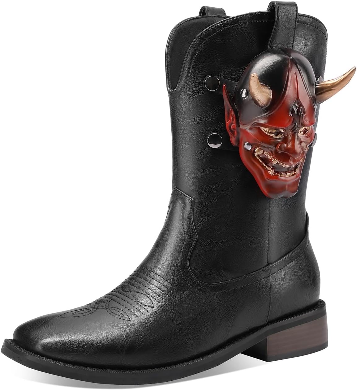 Men's Western Cowboy Boots Vintage Classic Halloween Ghost Mask Square Toe Low Heel Mid Calf Boots