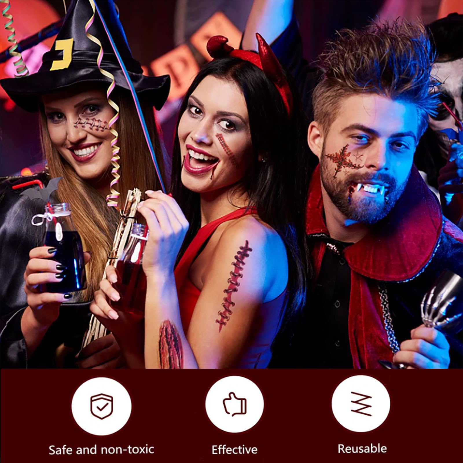 Kit De 4 Paires De Dents De Vampire + Adhésif Et Autocollants Cicatrices - 4 Tailles Pour Halloween Et Cosplay