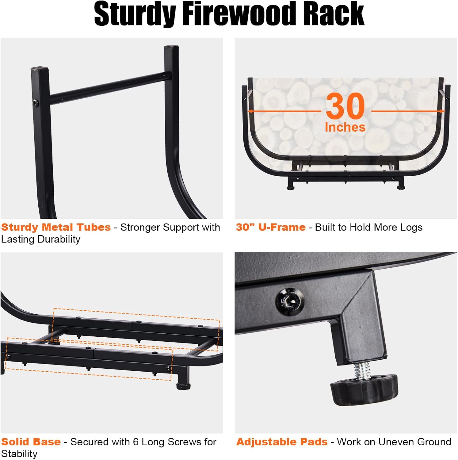 Outvita 30 Inch Heavy Duty Firewood Rack Indoor Outdoor, Rustproof Metal Log Holder, Curved Stable Wood Storage Organizer Tool for Fireplace Patio Deck Firepit, Black