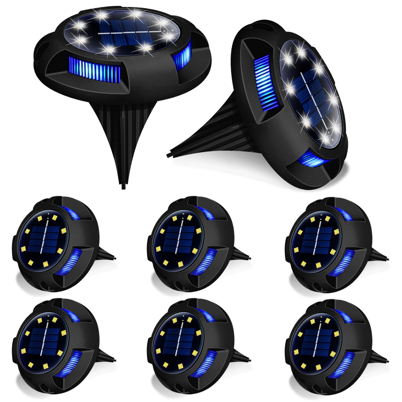 XIILSIE Luci solari da terra a energia solare, da giardino, confezione da 8 pezzi, 12 LED, impermeabili, a disco solare, per giardino, prato, passerella, vialetto, cortile (bianco+blu)