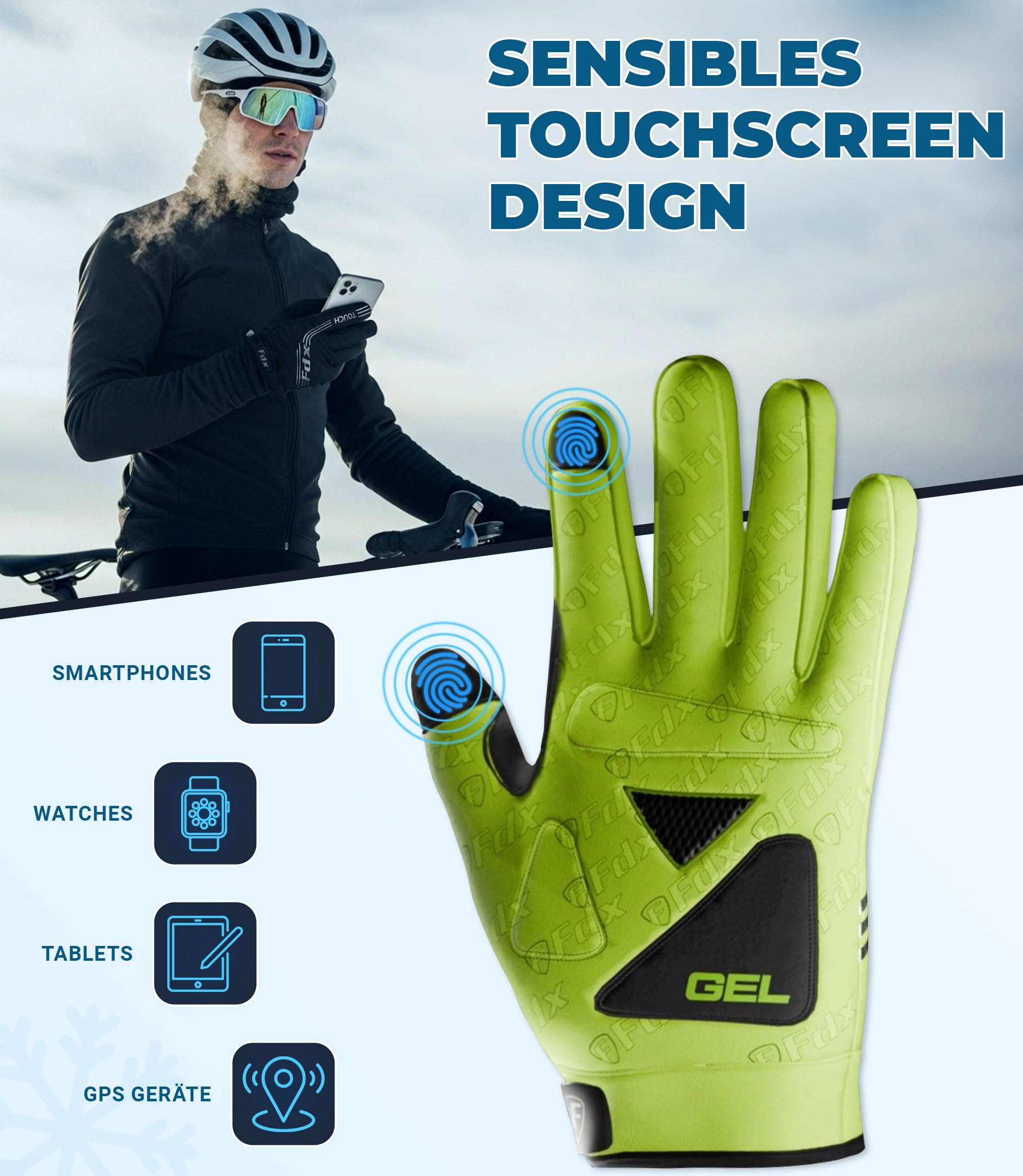 FDX Winter-Radhandschuhe, warm, wasserabweisend, Winddicht, mit Gelpolsterung, Touchscreen-kompatibel, atmungsaktiv & rutschfest – für Damen und Herren beim Radfahren, MTB & Laufen