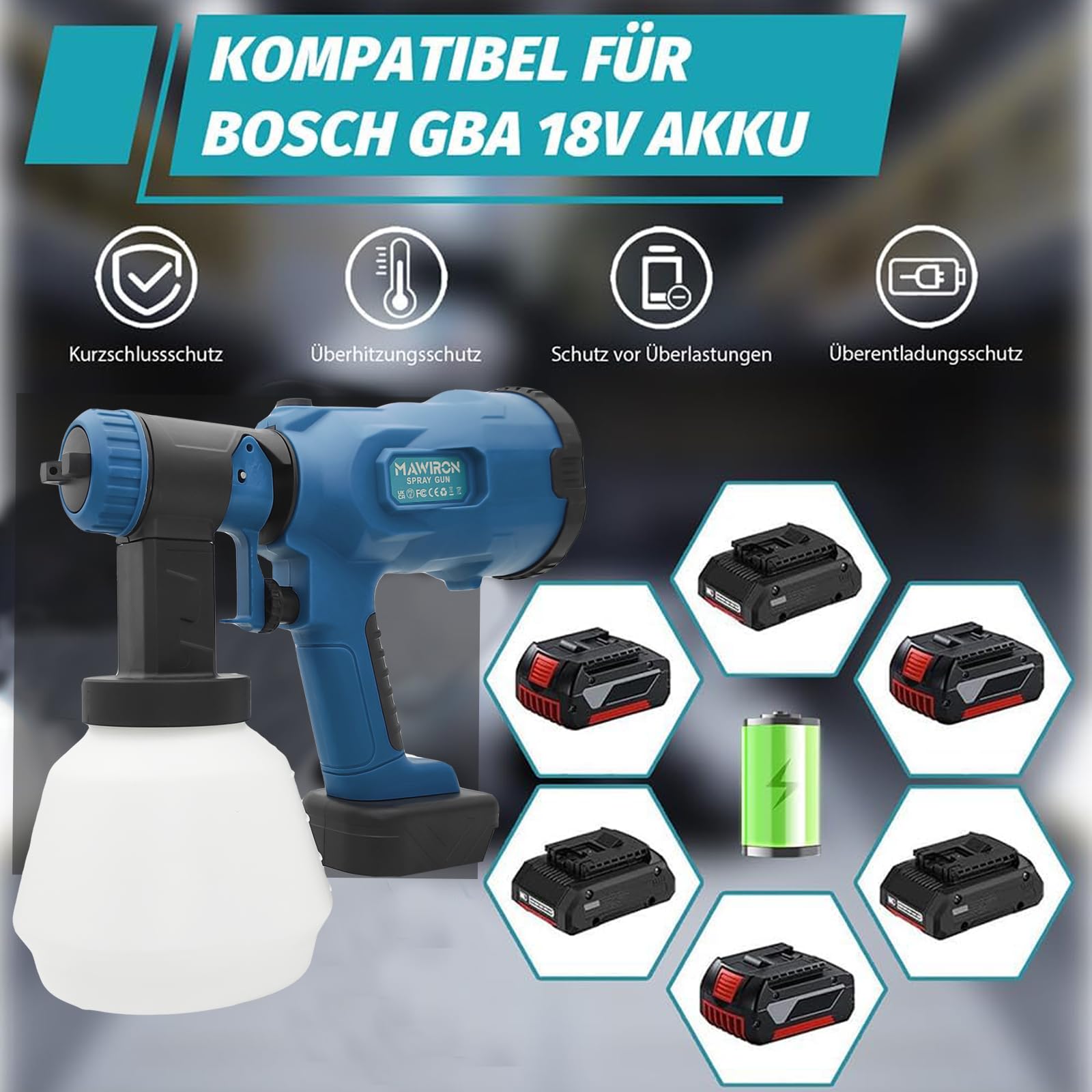Sistema de pulverización de pintura a batería para Bosch GBA 18 V, 1000 ml HVLP pistola de pintura con 4 boquillas, 3 patrones, pistola de pulverización inalámbrica para valla de jardín, paredes (sin
