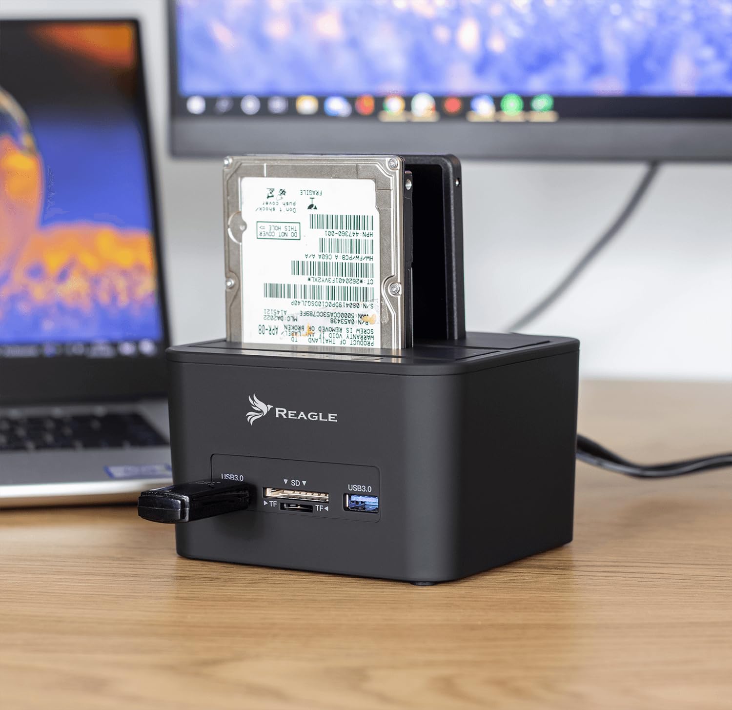 Reagle Dual Bay Stacja dokująca do HDD/SSD, obsługa 32 TB, USB 3.2 Gen 1, czytnik kart, klonowanie offline, kompatybilna z Windows/Mac