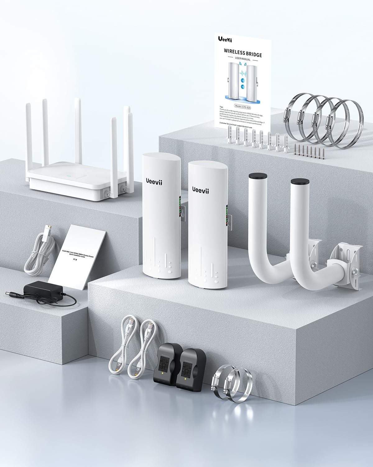 UeeVii Kit de pont sans fil CPE450 et routeur WiFi WR3000K, pont sans fil point à point 5,8 G 3 km pour magasin, grange, garage, bâtiment, kit de réseau, pont WiFi extérieur (2 pièces), Plug and Play