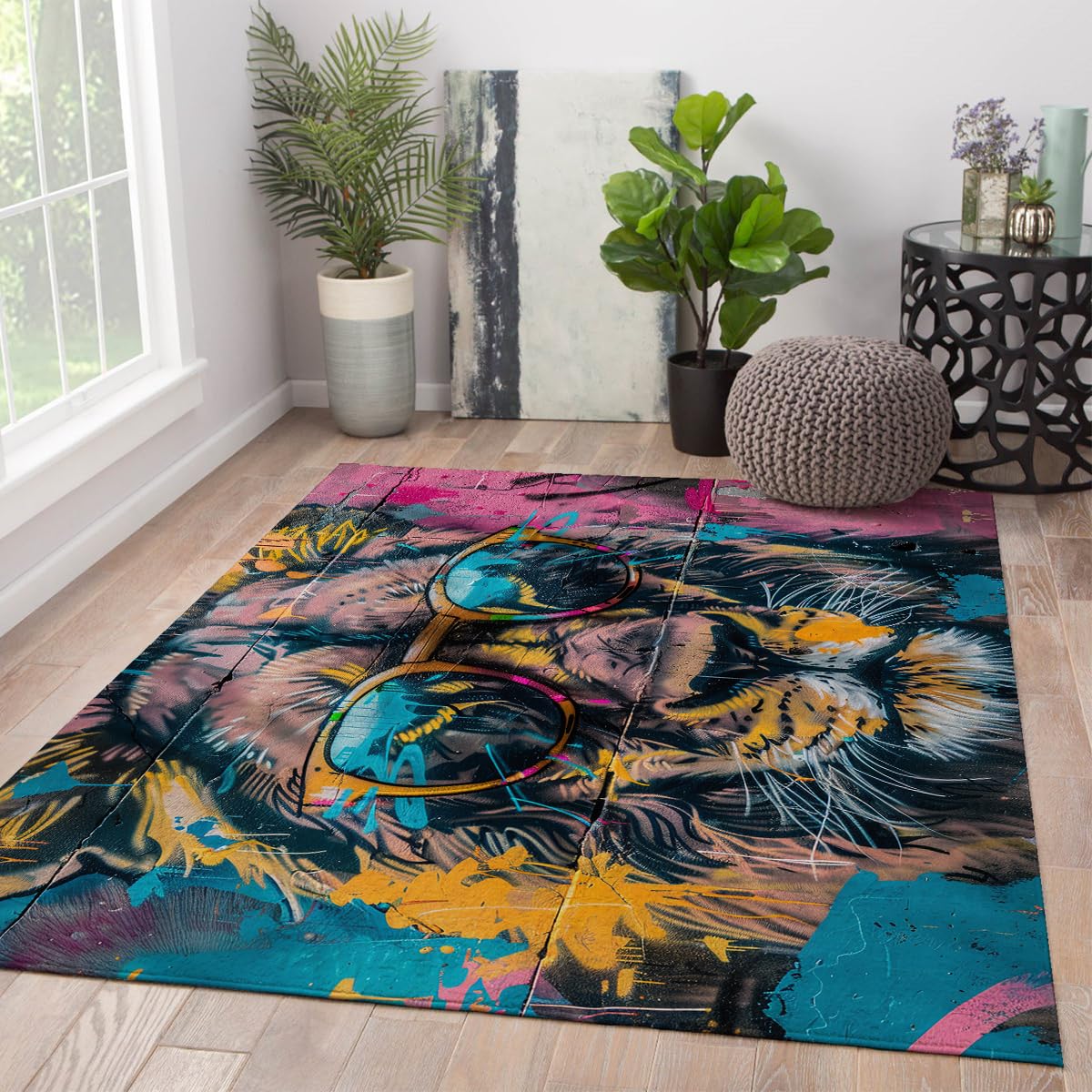 Tapis lion graffiti lavable et résistant aux taches sans perte de poils pour chambre