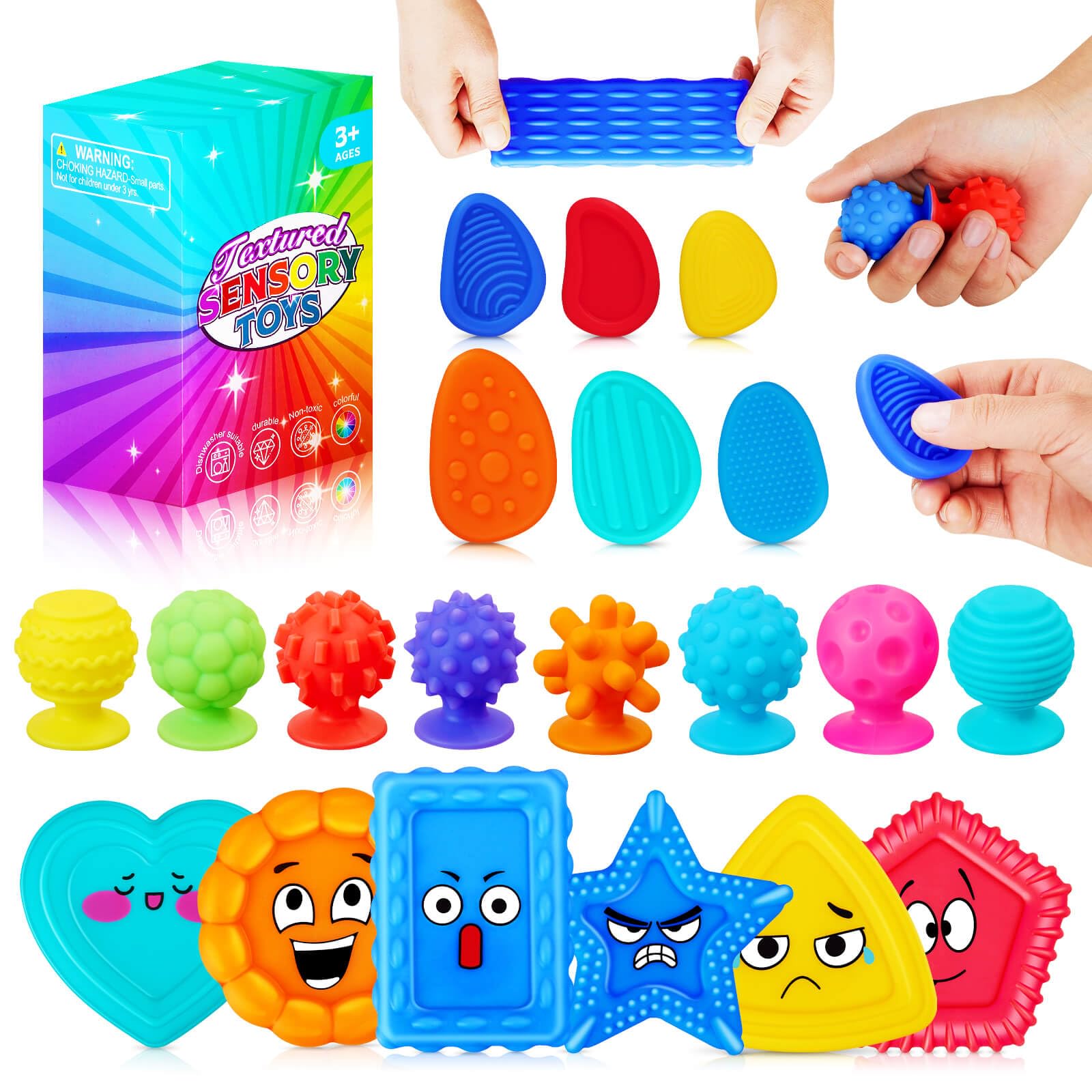 20 Pcs Sensory Fidget Toys Pack,Textured Soft Worry Stone and Suction Cup for Kids and Adults,Toddler Travel Toys,Sensory Toys for Anxiety Relief,ADHD & Autism