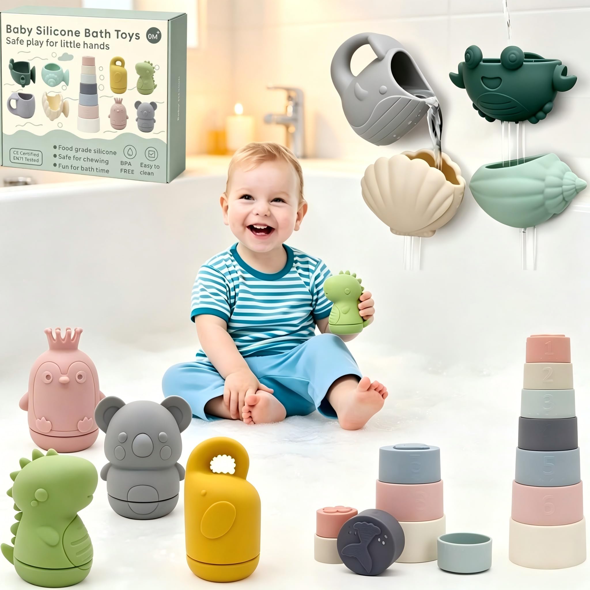 15-Piece Cute Bath Toys Set, Pour and Play Bathtub Toy Set with Suction Cups, Stacking Cups Toys, Soft Silicone Bath Toys Gift Set, Mold Free Sensory Bath Tub Toy for Babies 6+ Months Toddlers