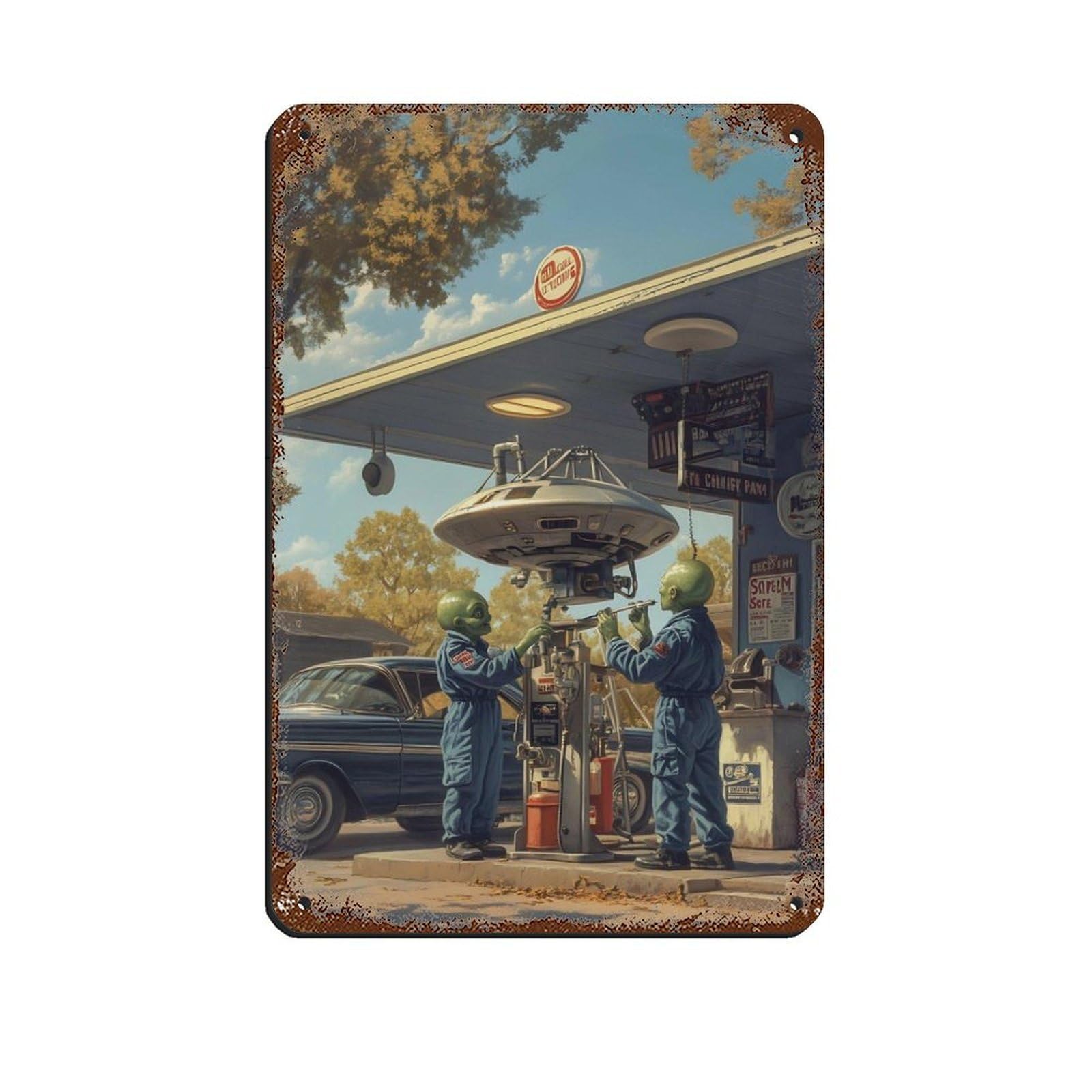 Vintage Car Alien Gas Station Retro Poster Metal Tin Sign Chic Art Retro Iron Painting Bar People Cave Cafe Family Garage Poster Wall Decoration 8x12inch(20x30cm)