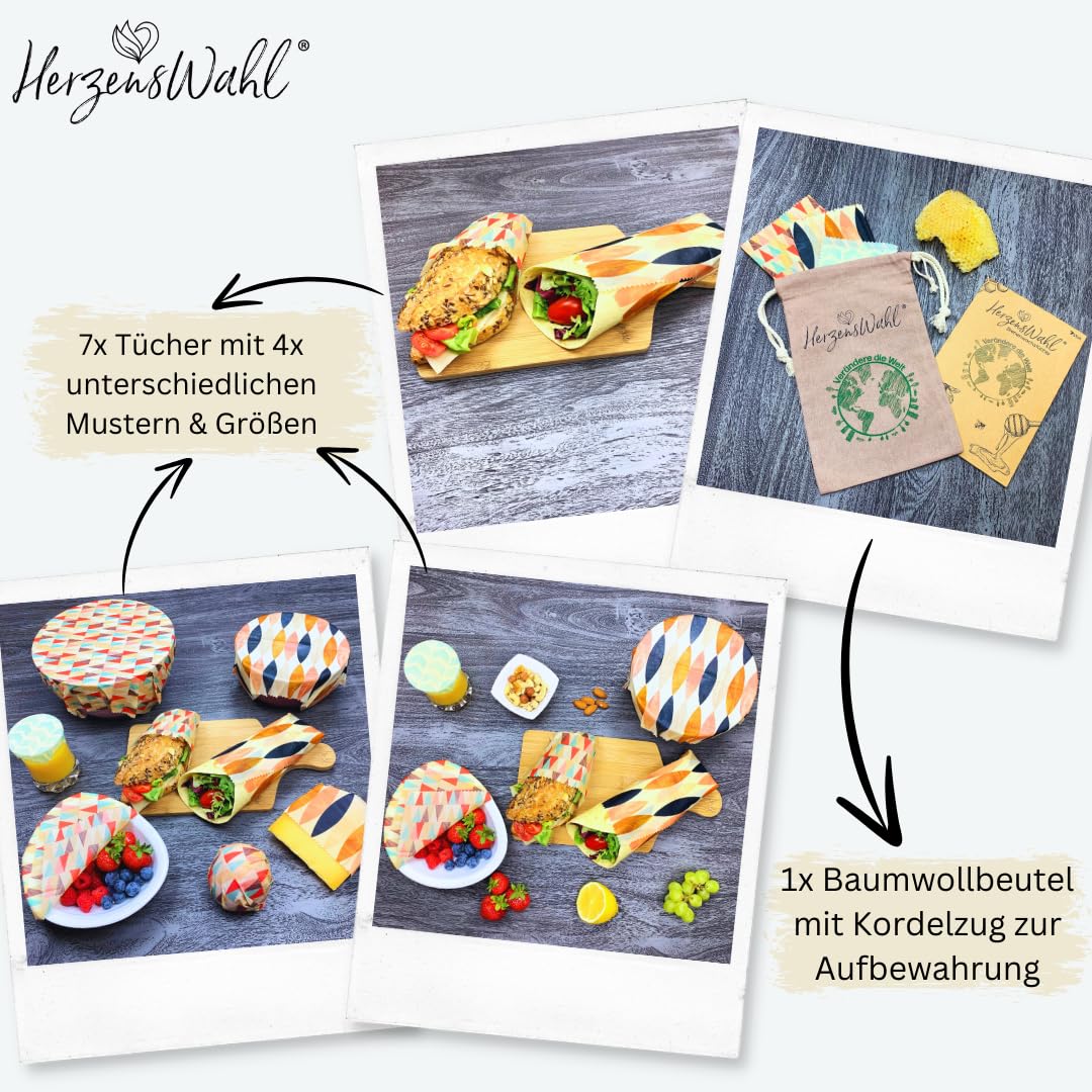 Bienenwachstücher 7er Set inkl. Bio Baumwollbeutel zur Aufbewahrung + Bienenwachsblock | Bio Bienenwachs Wachspapier | Zero Waste Wachstuch für Lebensmittel | Bees Wrap Bienenwachs