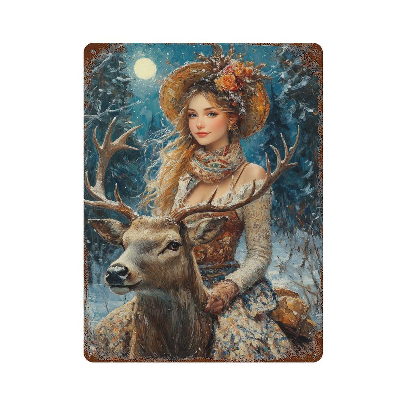 Winter Moonlit Deer Encounter Retro Metal Sign 15.7"x11.8", Vintage Wall Decor for Office, Studio And Wall Decor