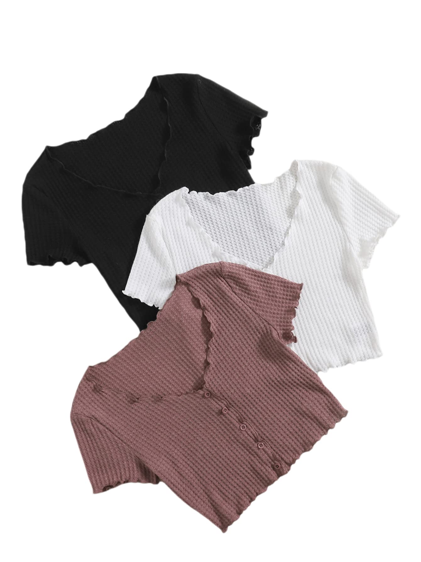 WDIRARAWomen's 3 Pieces Button Front Lettuce Trim V Neck Short Sleeve Crop Tee