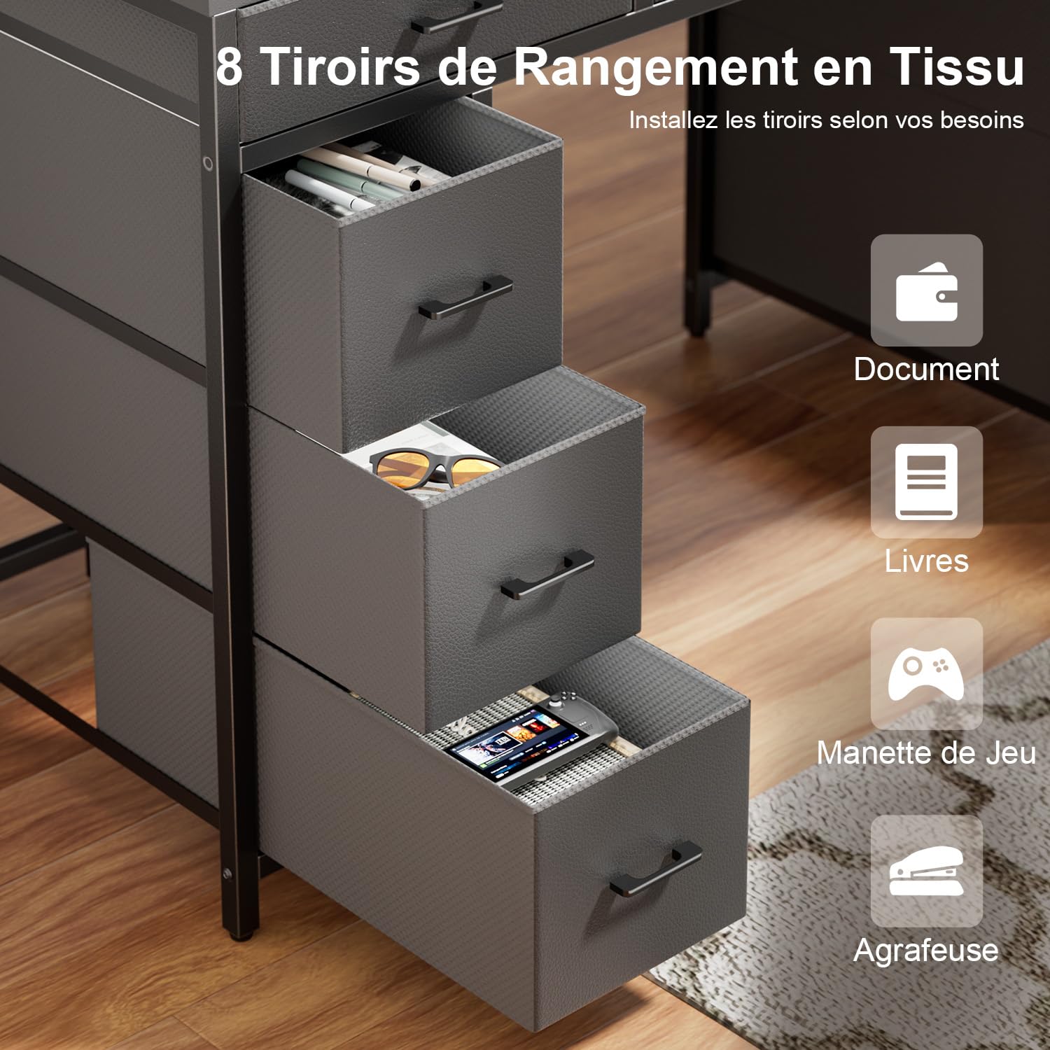 HLFURNIEU LED Bureau avec 8 Tiroirs en Tissu, 120 × 50 cm Bureau Gaming avec Rangement, Prise Intégrée & Ports USB, Table Ordinateur Support Ecran, pour Étudier, Travailler et Jouer, Table Gamer Gris