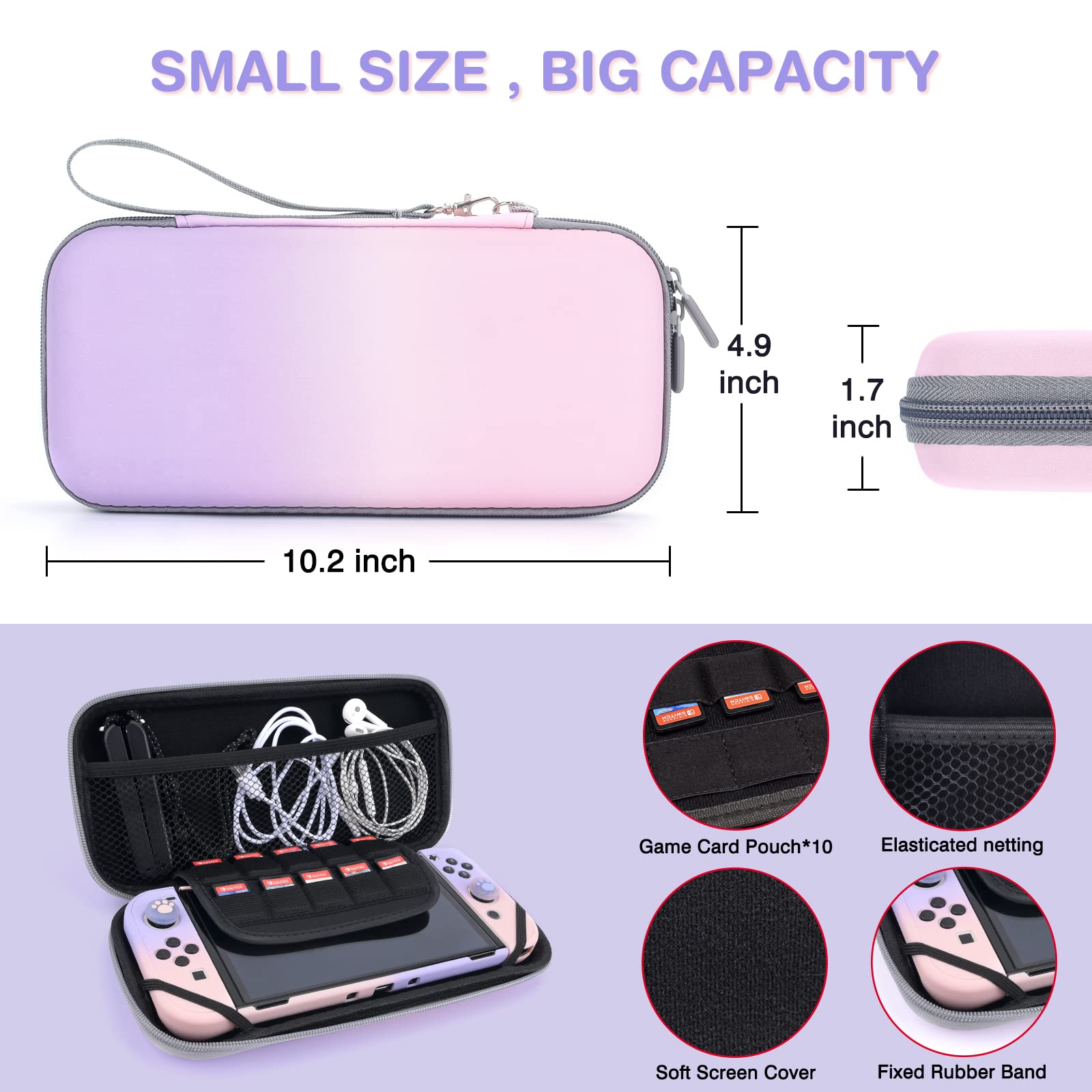 DLseego Coque de transport pour interrupteur OLED rose et violet avec 10 emplacements, coque rigide de protection avec 4 capuchons de pouce en forme de patte de chat à paillettes et 1 chaîne en fleurs