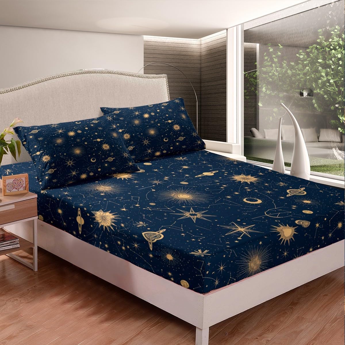 Feelyou Sun Moon Fitted Sheet Full Size Boho Exotic Bedding Set Star Print Bed Sheet Set Modern Bed Cover Room Decor Acid Blue Bed Set