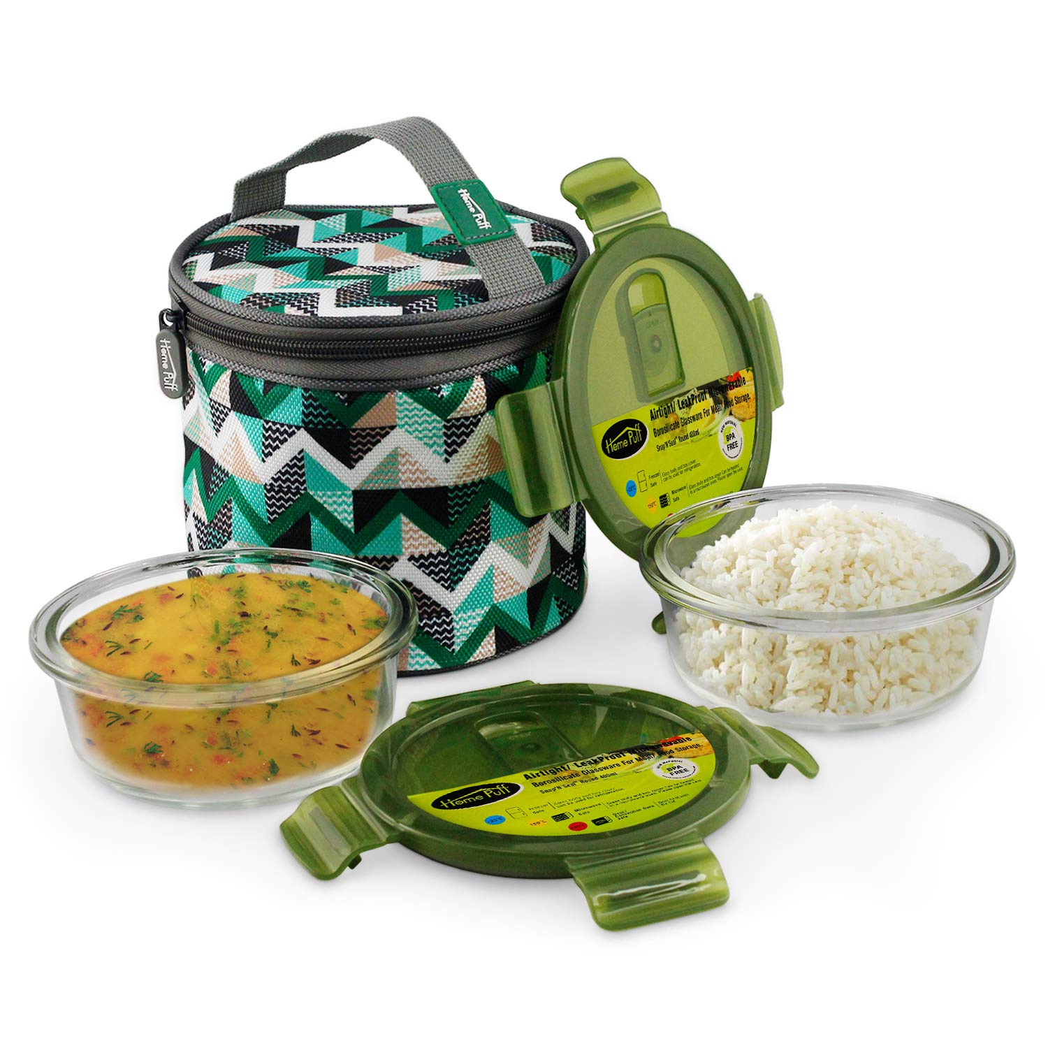 Home PuffBorosilicate Glass Lunch Box -Microwavable, AirVent Lid, Premium Carry Bag (Round 400 ML, Set of 2)