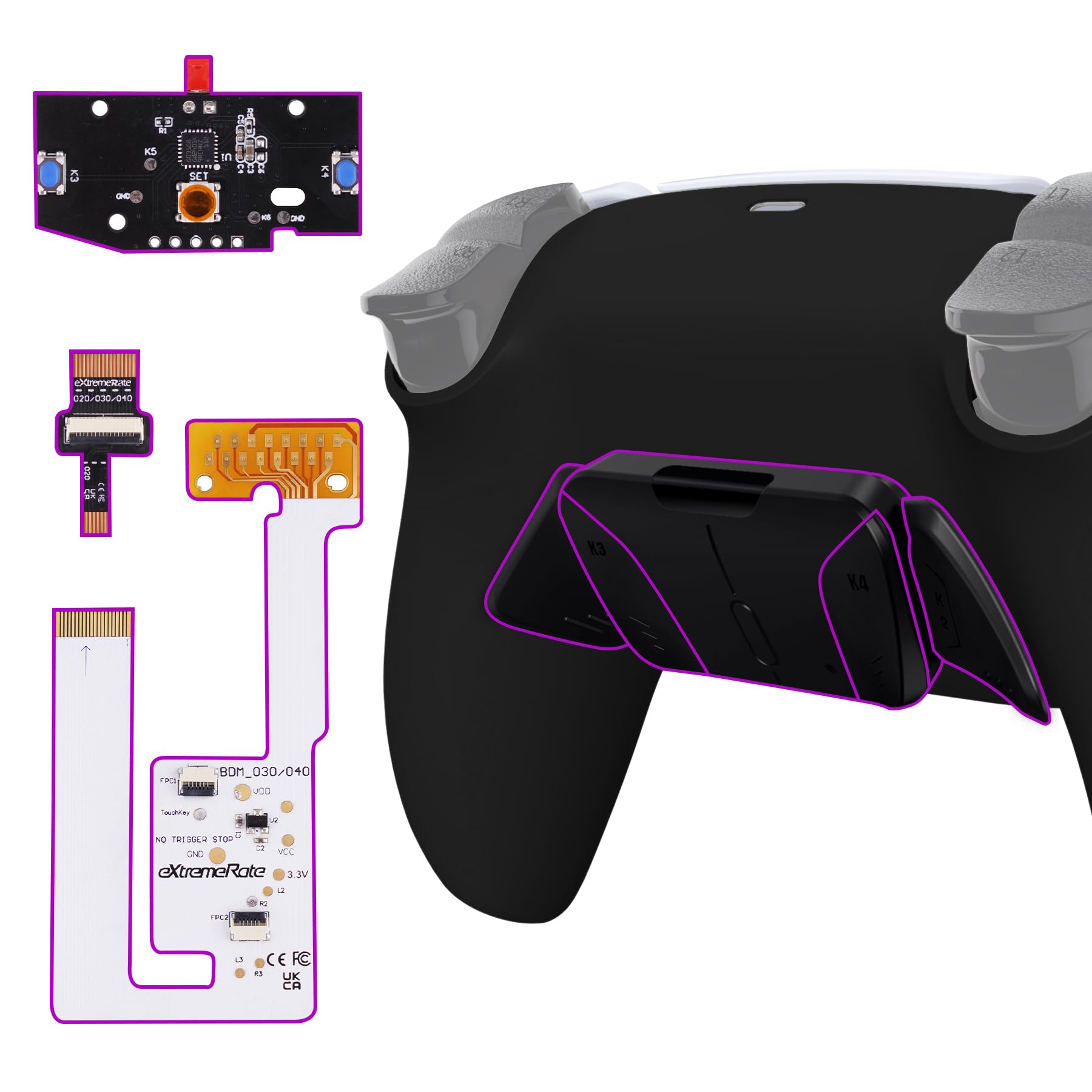 eXtremeRate RISE4 V4 Remap Kit pour ps5 Manette BDM-030/040/050/060, Coque Arrière Redessinée avec 4 Palette pour ps5 Manette BDM-030/040/050/060, Carte améliorée, Noir Pur