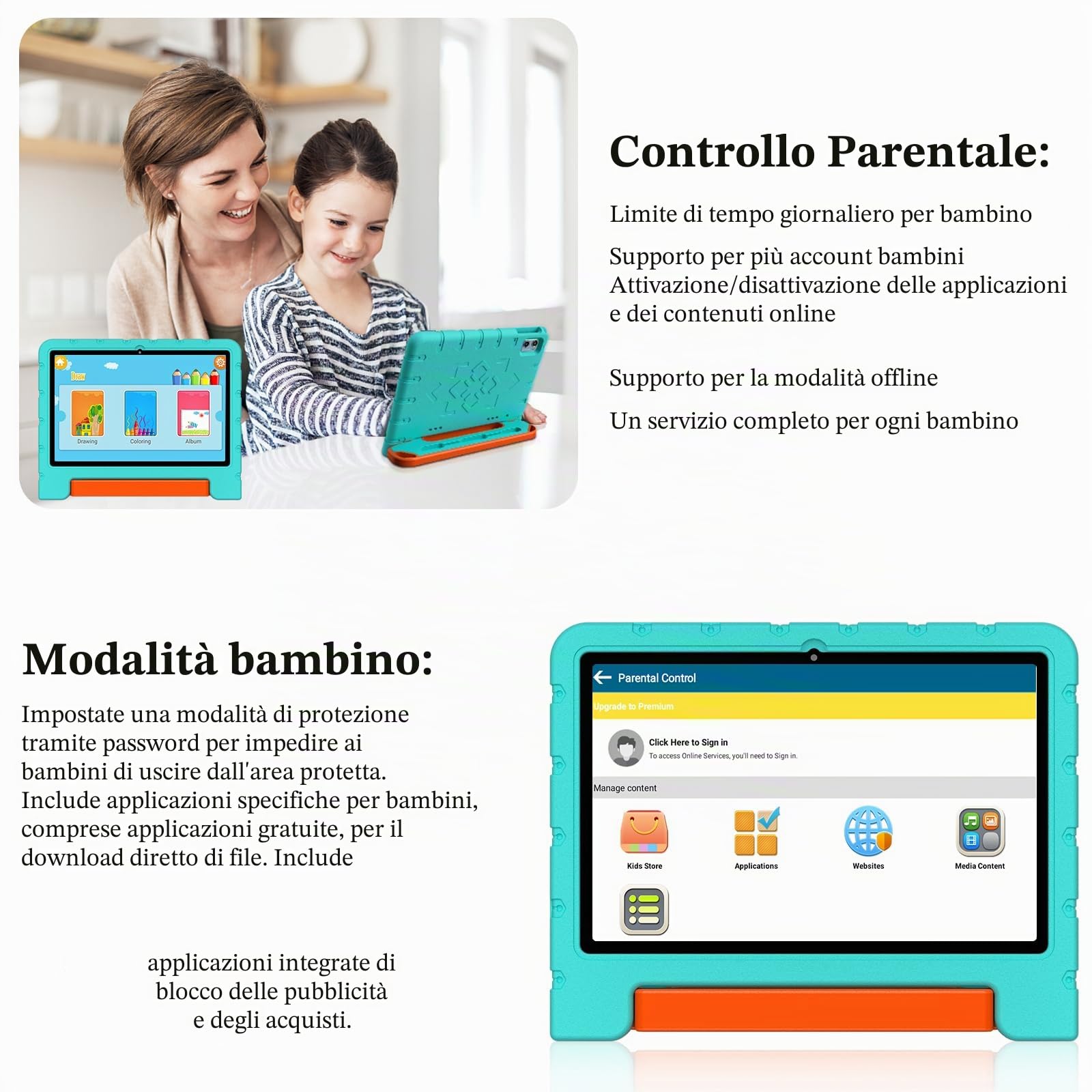 ZIOVO Tablet Bambini 10 Pollici Tablets Android 15, 30GB RAM+64GB ROM(TF 2TB), 5G WiFi Tablets,Gemini AI/Octa-Core/Widevine L1/Face ID/Parentale Controllo/6000 mAh/BT 5.0, Tablet con Eva Caso- Verde