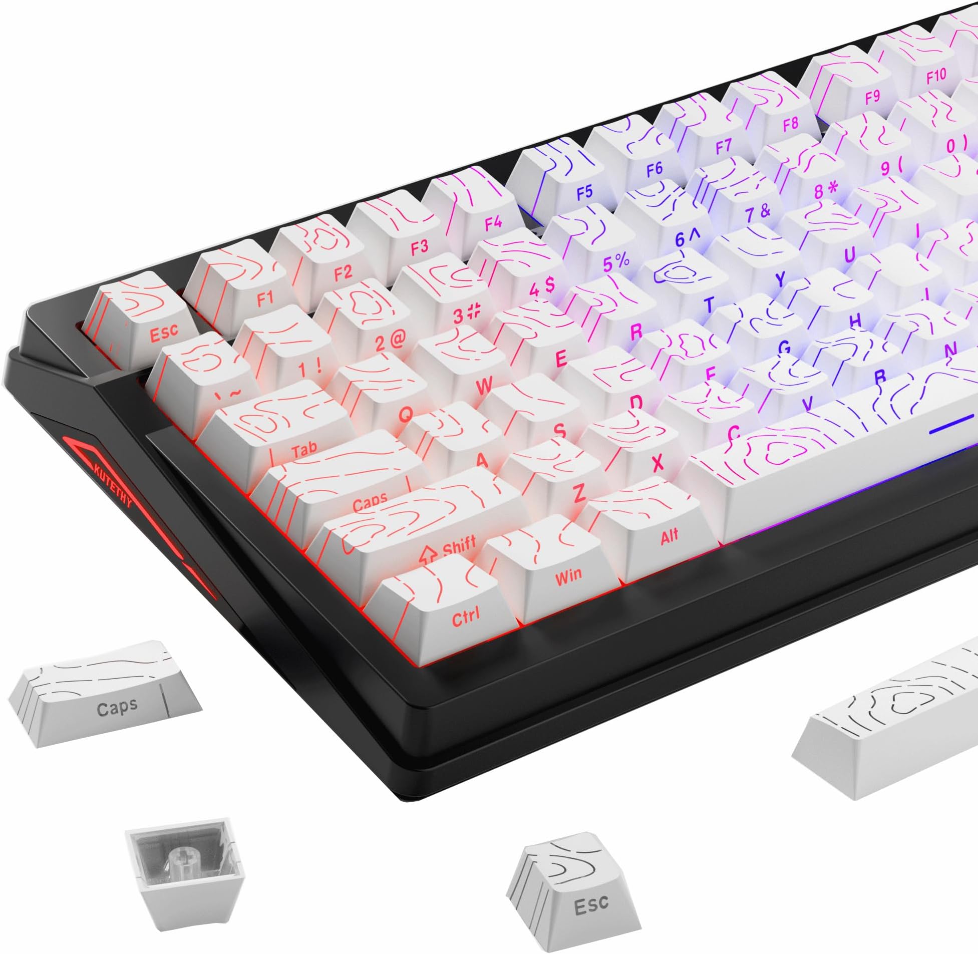 Shine Through PBT Keycaps Set-White Shot Side Printed Backlist Keycaps 135 Keys 60% 65% 75% 100% Cherry Profile, Topographic Custom Key Caps for MX Gateron Gaming Keyboard