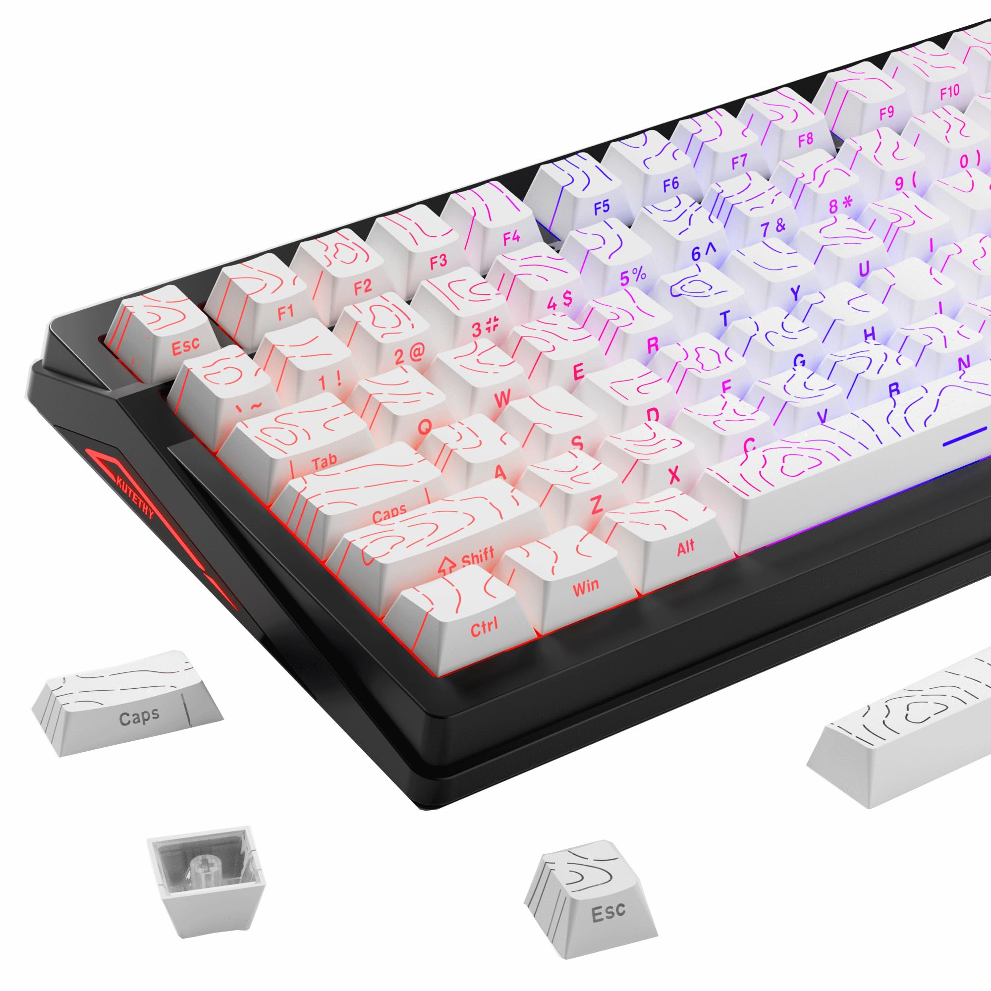 Shine Through PBT Keycaps Set-White Shot Side Printed Backlist Keycaps 135 Keys 60% 65% 75% 100% Cherry Profile, Topographic Custom Key Caps for MX Gateron Gaming Keyboard