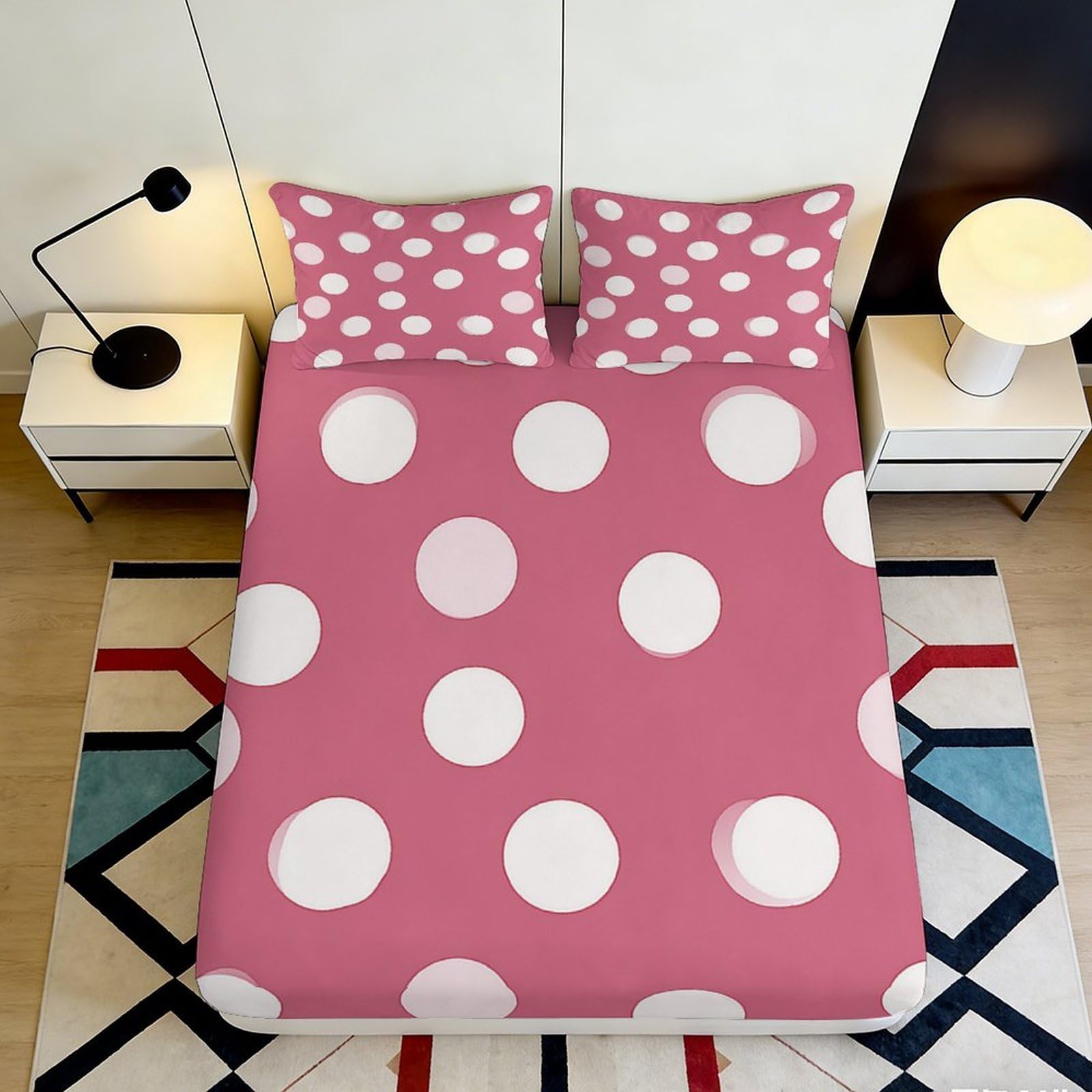 3D Printed Pink Polka Dot Fitted Sheet Microfiber Soft Non-Slip Bed Cover for Bedroom Guest Room Easy Care 90x200x25cm