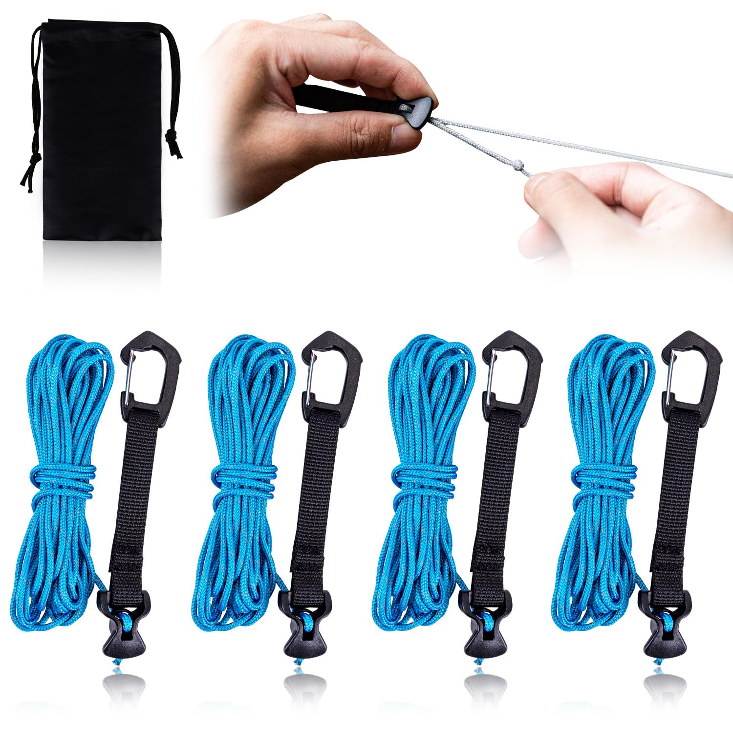 4M Reflective Tent Guy Ropes - Ultralight Outdoor Tent Guide Rope with Locking Carabiner Clip,2mm 100% Nylon Cord Wind Line for Awning Camping Hiking Tents (Blue, 4M)