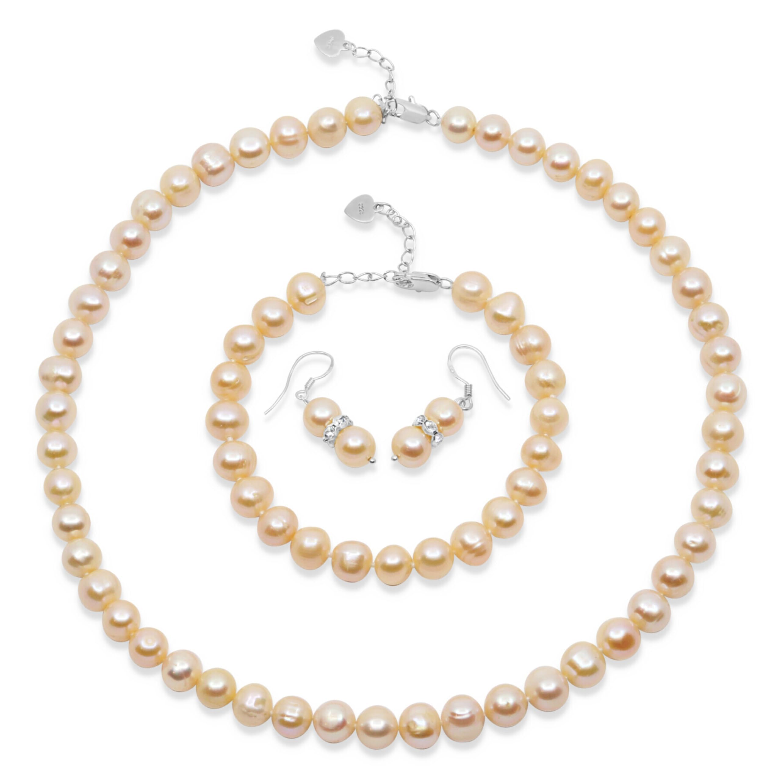 Exquisite AAA+ Genuine Freshwater Pearl Jewelry Set – Necklace, Bracelet & Earrings in White, Black, Pink, or Lavender – Elegant Gift for Women