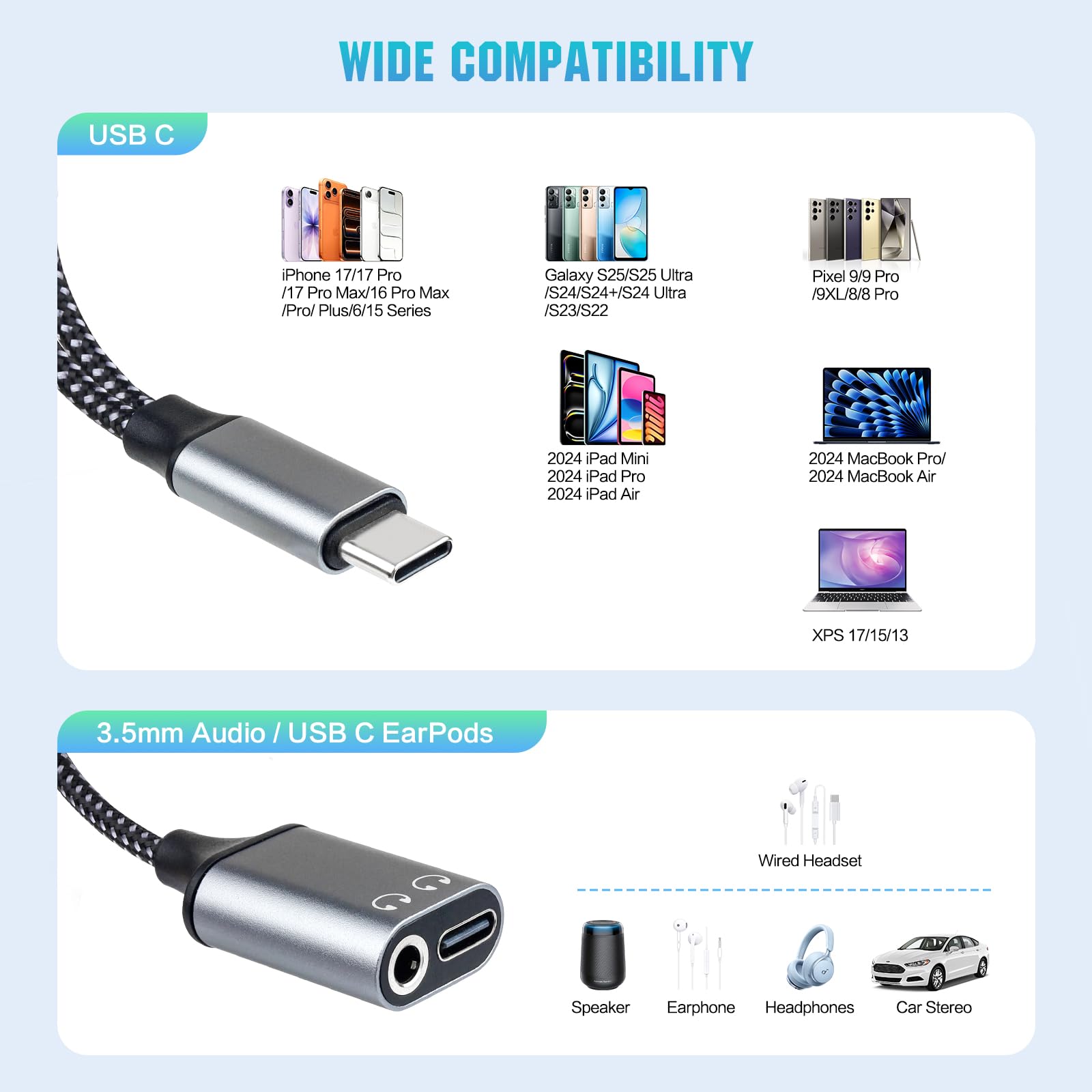 Adaptador de auriculares USB-C a 3.5 mm, soporta carga rápida PD de 60 W, 3 en 1 tipo C a AUX, interfaz de audio tipo C y carga USB-C, calidad de sonido DAC de alta fidelidad, compatible con iPhone 15