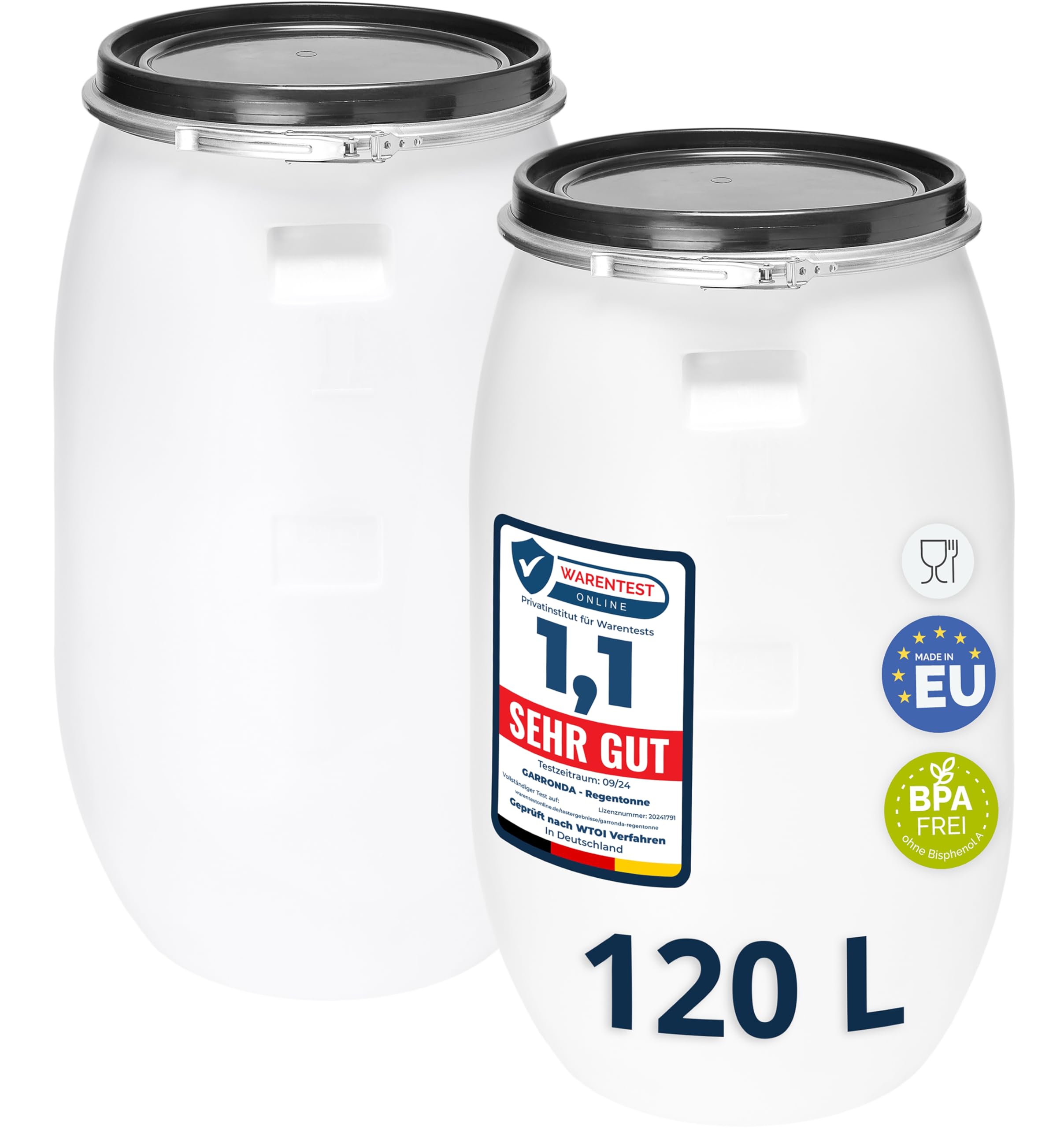 Garronda Set 2X 120 Liter Deckelfass Weithalsfass aus HDPE Regenfass für Garten Fass Regenwassertonne Futtertonne Universalfass Wasserfass Regentonne Lebensmittelfass Wassertank GD-0123 Weiß