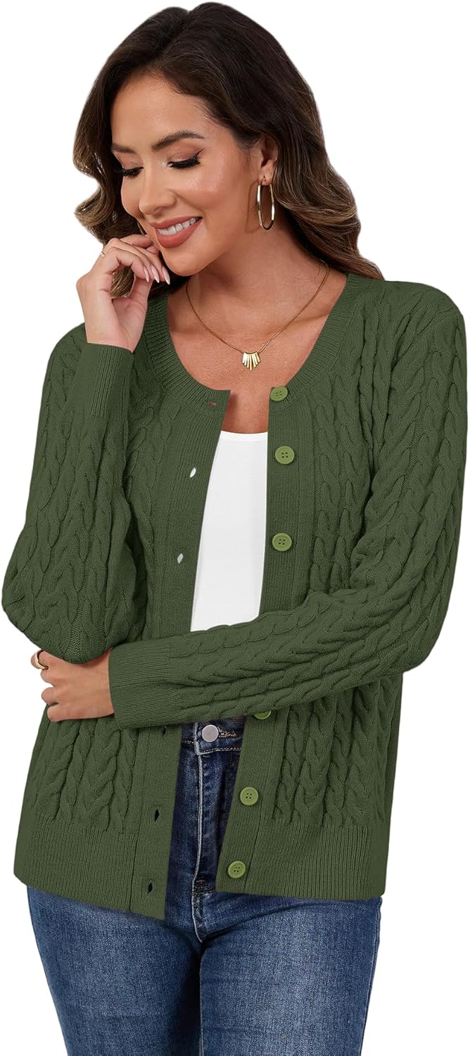 LILBETTER Womens Cable Knit Long Sleeve Crewneck Button Down Open Front Cardigan Sweater for Fall and Winter 2025 - Image 2