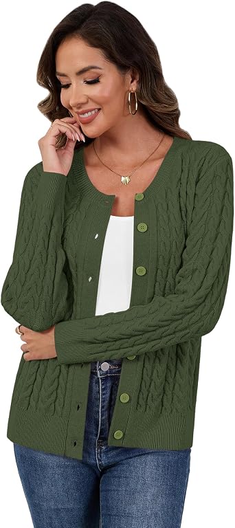 LILBETTER Womens Cable Knit Long Sleeve Crewneck Button Down Open Front Cardigan Sweater for Fall and Winter 2025
