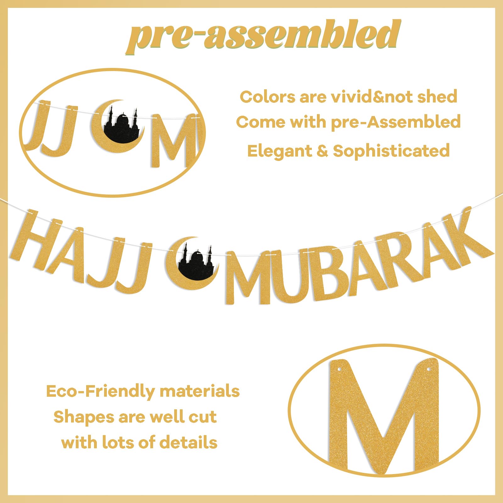 Hajj Mubarak Banner Gold Glitzer – Ramadan & Eid Dekoration, Ca. 1,8–2,4 M, Zum Selbstbasteln