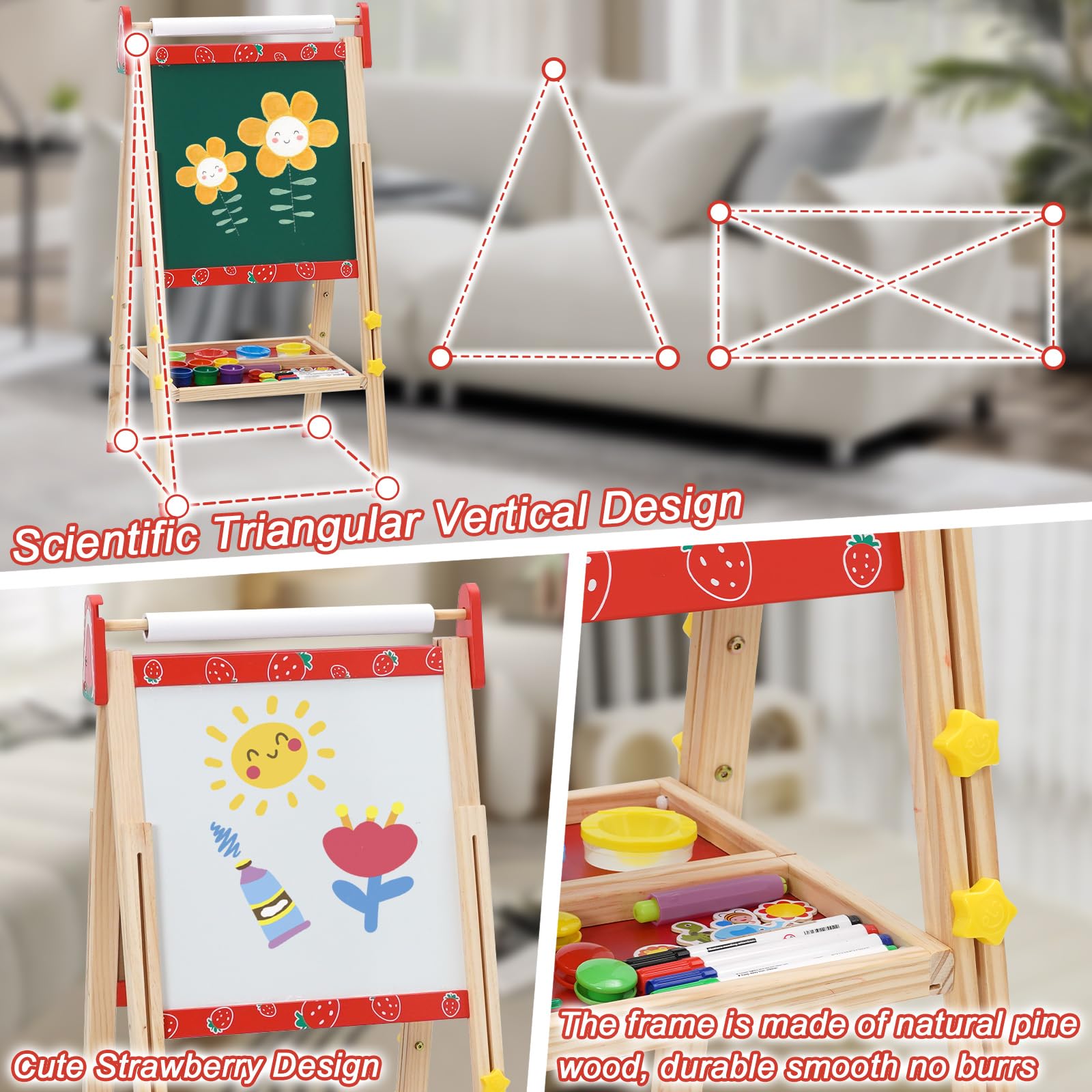 3 in 1 Lavagna per Bambini Cavalletto Pittura a Doppia Faccia con Rotolo di Carta, Altezza Regolabile 95-125cm Lavagna Pieghevole Multiattività con Vassoio di Stoccaggio e 100+ Accessoris da Disegno