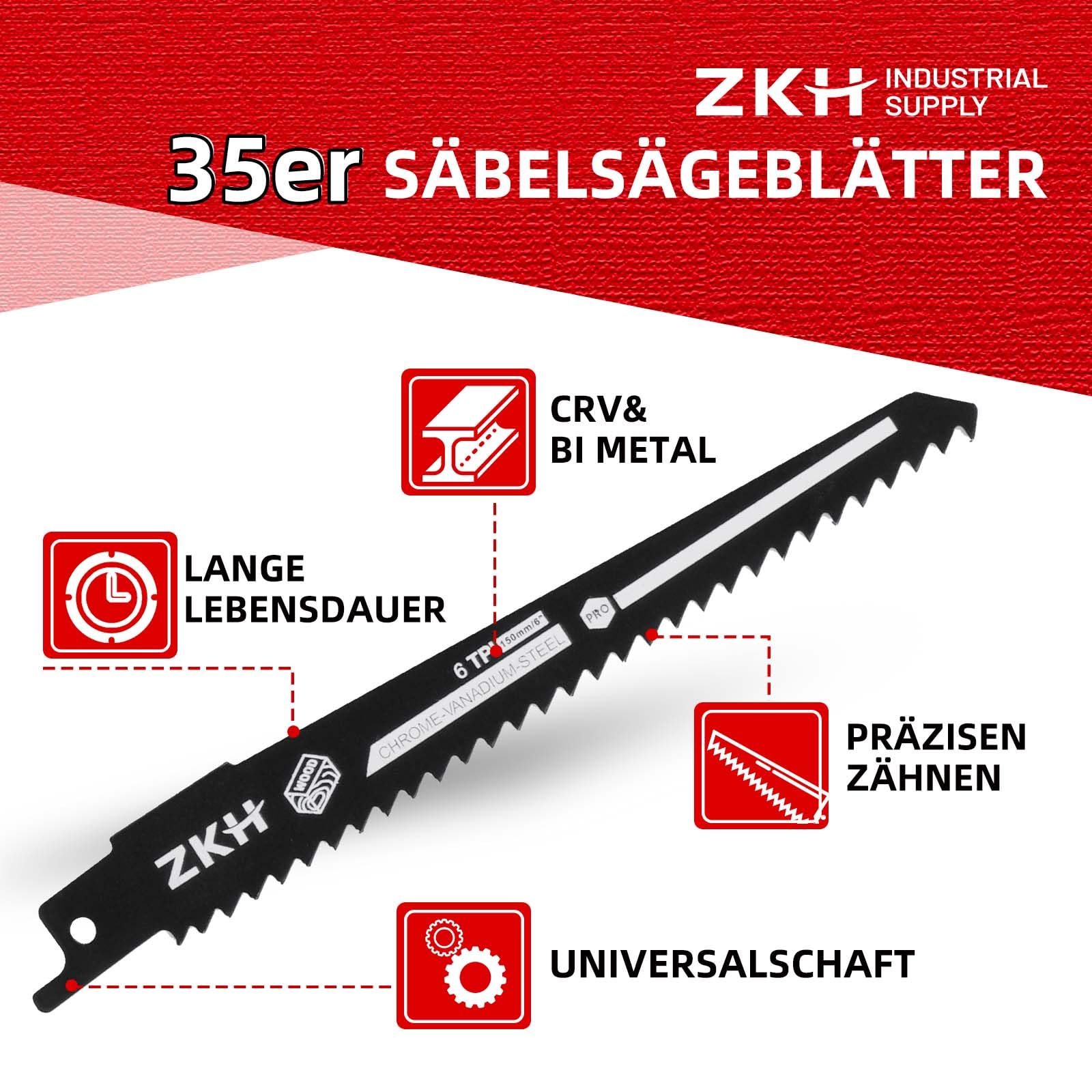 ZKH 35 Stück Säbelsägeblätter, Säbelsägeblatt aus CRV & BIM zum Schneiden für Holz & Metall & Kunststof mit Handtasche, Sägeblatt Säbelsäge für schnelle und saubere Schnitte