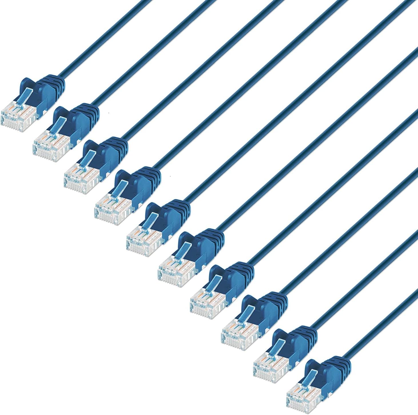 Intellinet Slim Cat6 Ethernet Network Patch Cable – 10-Pack - 10Gbps & 250MHz, Snagless Boot, 30AWG Pure Bare Copper Wire, Gold-Plated Contacts, Lifetime Mfg Warranty - 0.5ft, 10 Pack, Blue