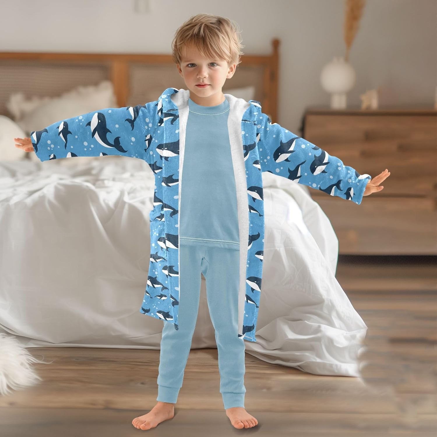 Cartoon Killer Whale Theme Toddler Hooded Bathrobe for Boys Girls Soft Plush Bath Towel Robe 2-12 Years