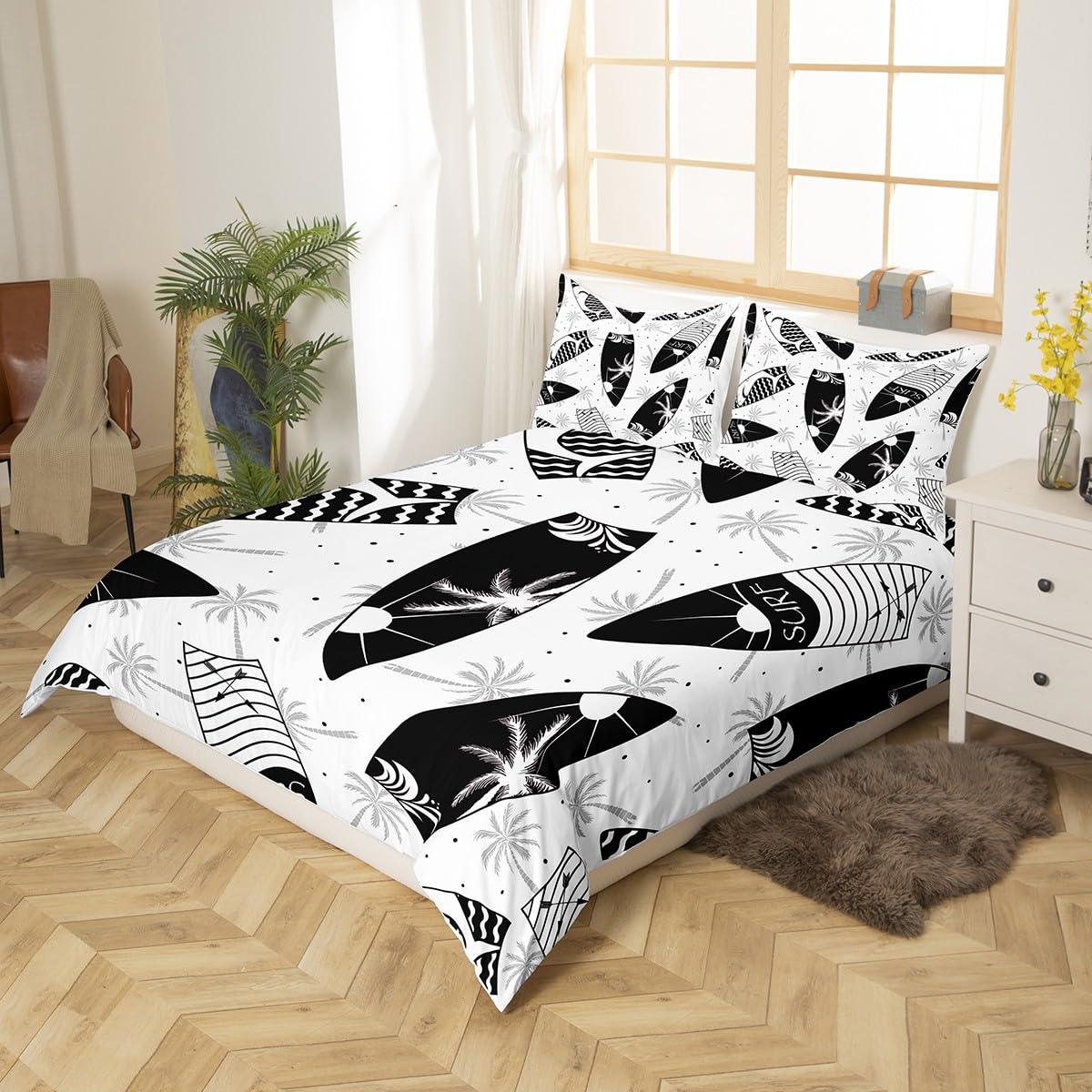 Manfei Summer Beach Duvet Cover Set Double Size, Black White Surfboards Comforter Cover with 2 Pillowcases - Image 2